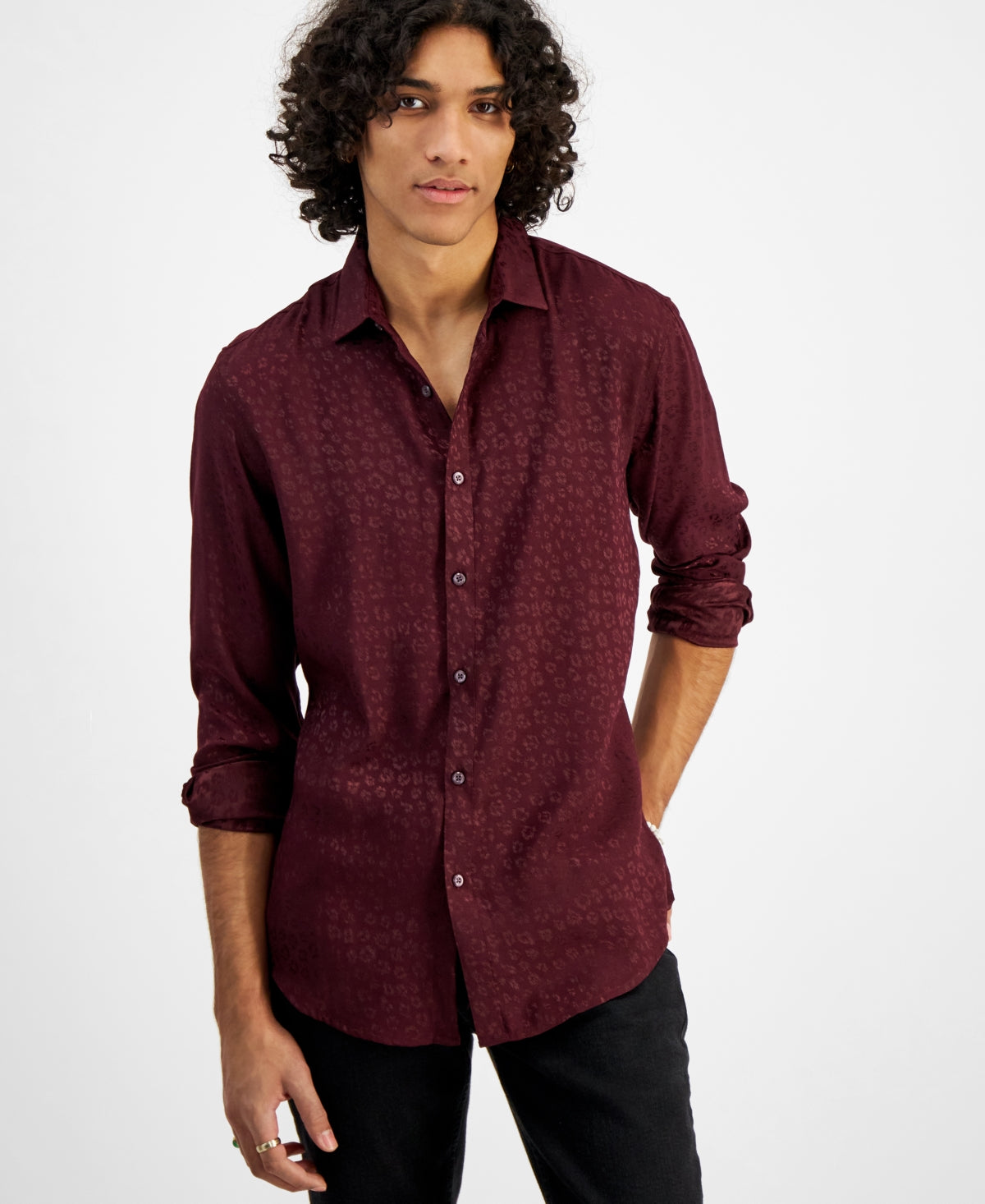 International Concepts Men's Regular fit Leopard Shirt Port Wine Red XS