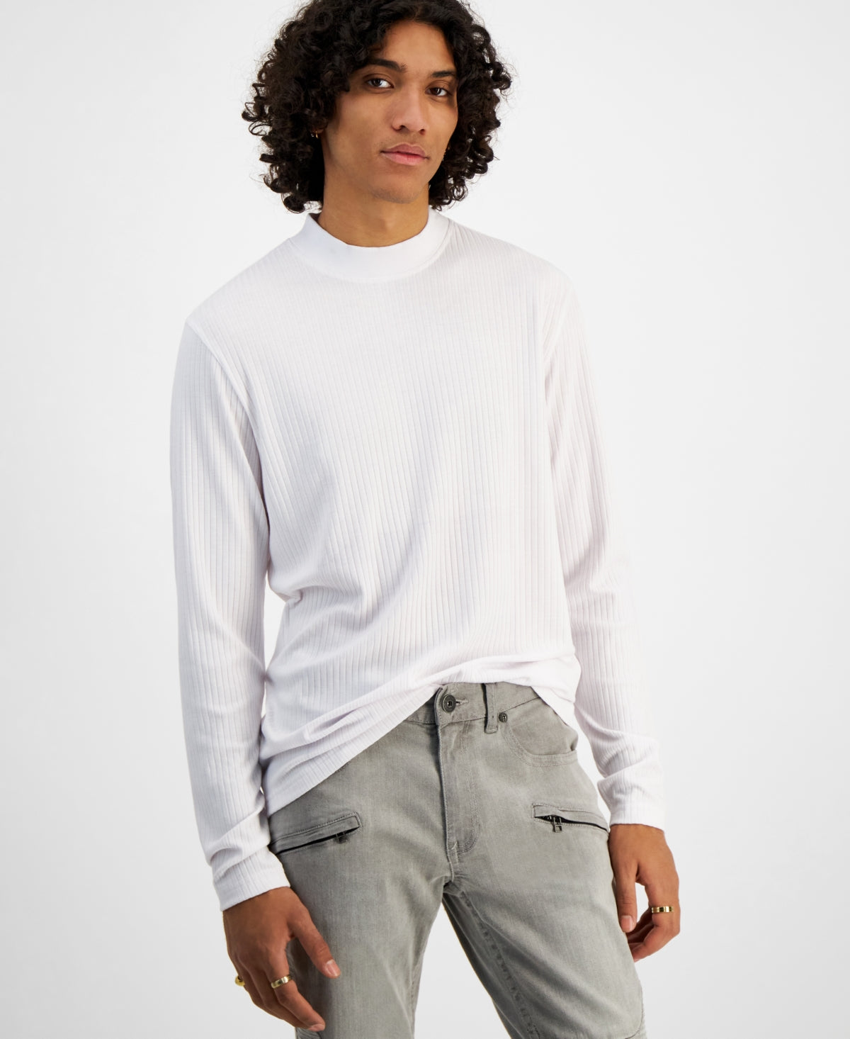 I.N.C. Men's Ribbed knit Long sleeve T shirt White Medium