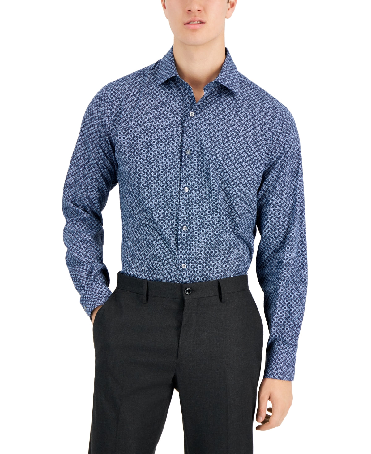 Alfani Mens Geo-Print Dress Button Down Shirt Navy Blue 14 14 1/2 32 33