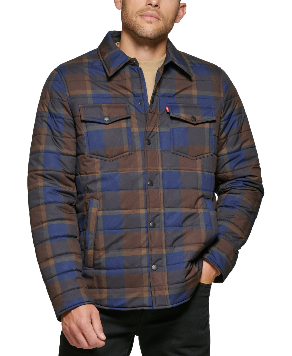 Levis Mens Quilted Shacket Navy Plaid XL