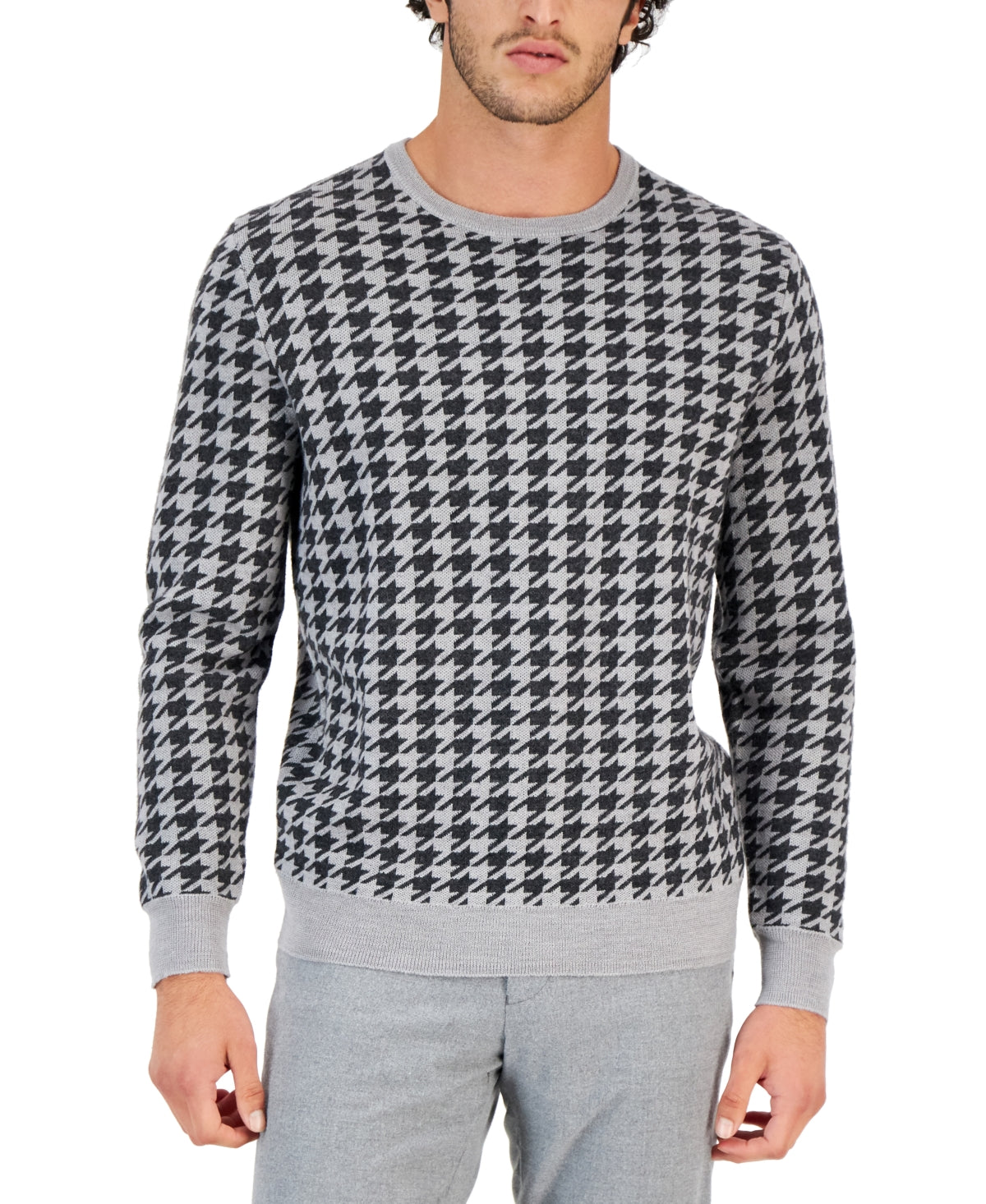 Club Room Men's Merino Houndstooth Crewneck Sweater  Light Grey Medium