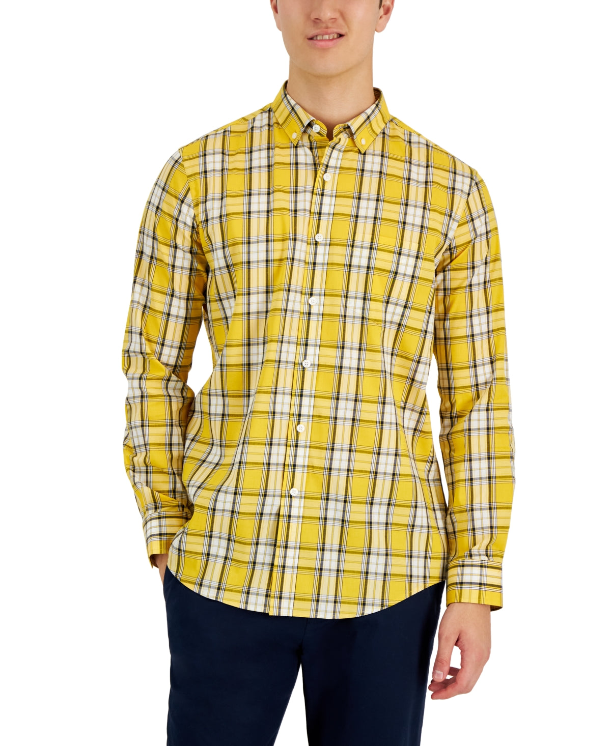 Club Room Men's Stretch Button Down Plaid Shirt Yellow Small