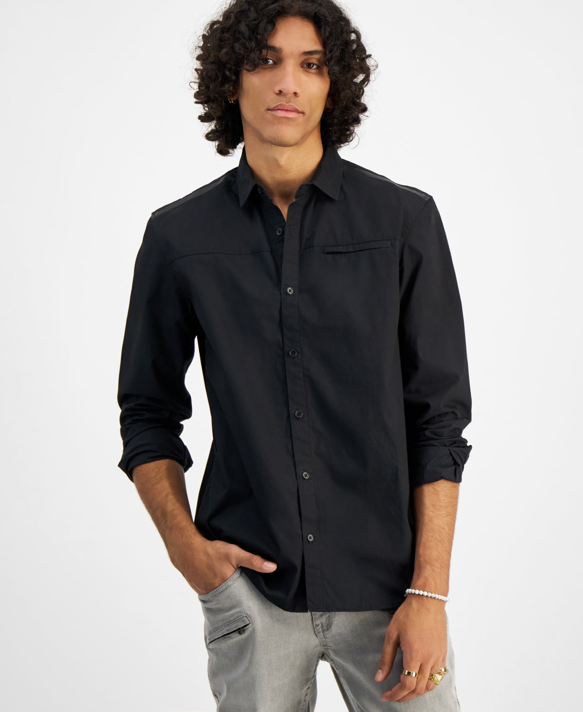 INC International Concepts Mens Regular-Fit Button Down Shirt Black Medium