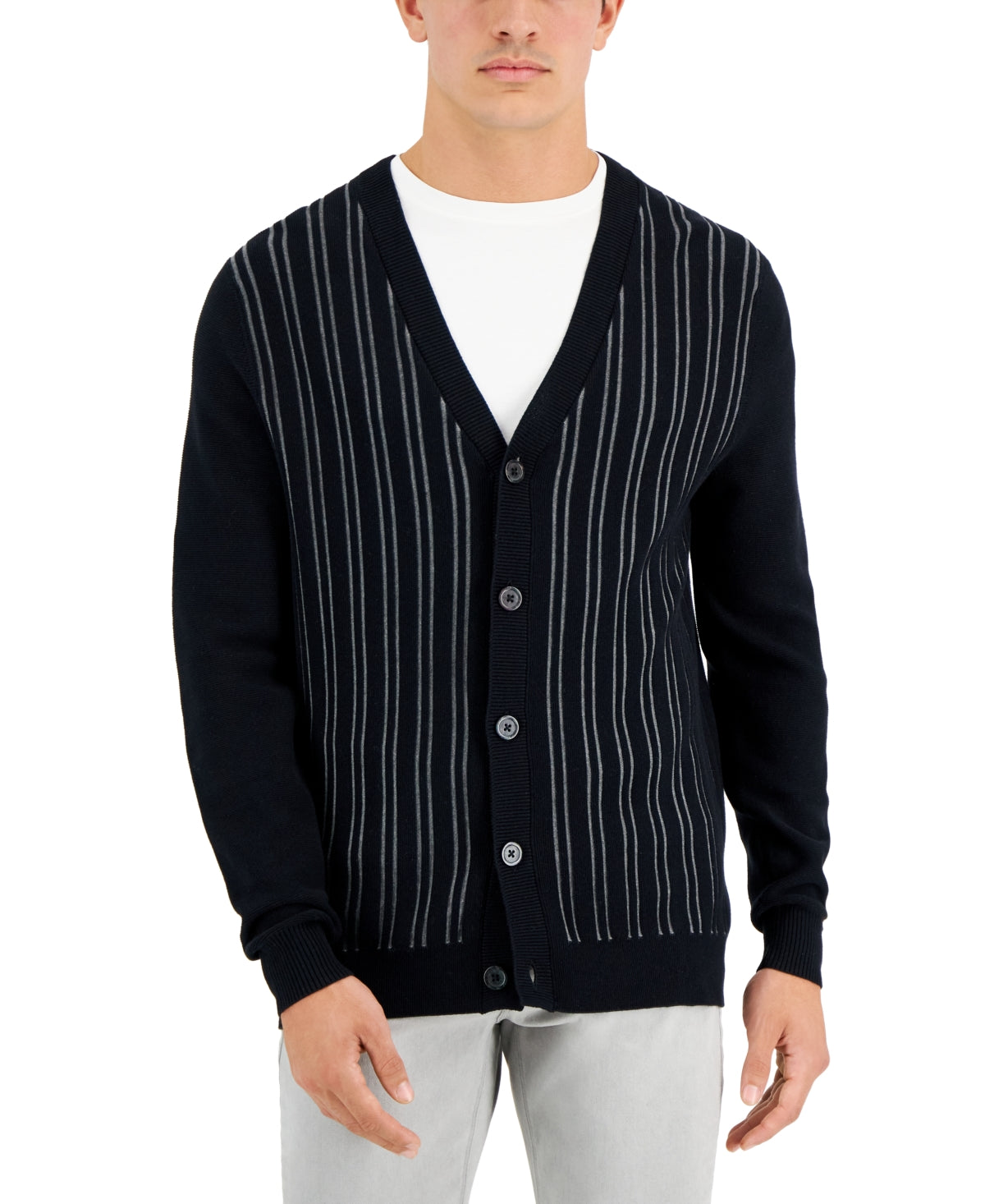 Alfani Mens Stripe V-Neck Cardigan Sweater XL Black