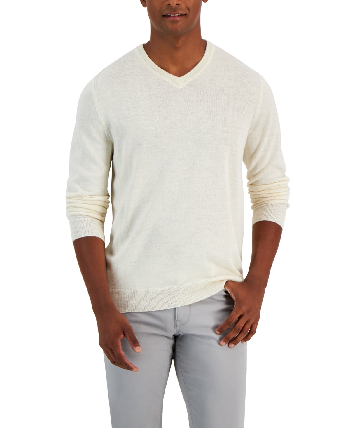 Club Room Mens Solid V-Neck Sweater Natural Large