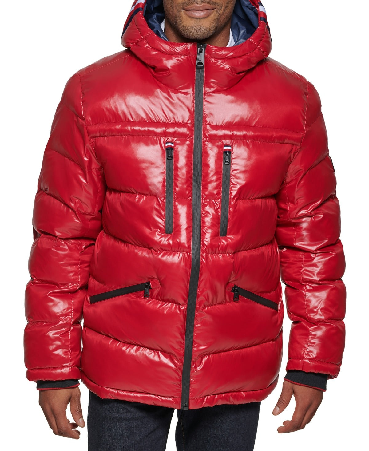 Tommy Hilfiger Men's Fashion Shine Quilted Hooded Puffer Jacket Large Red