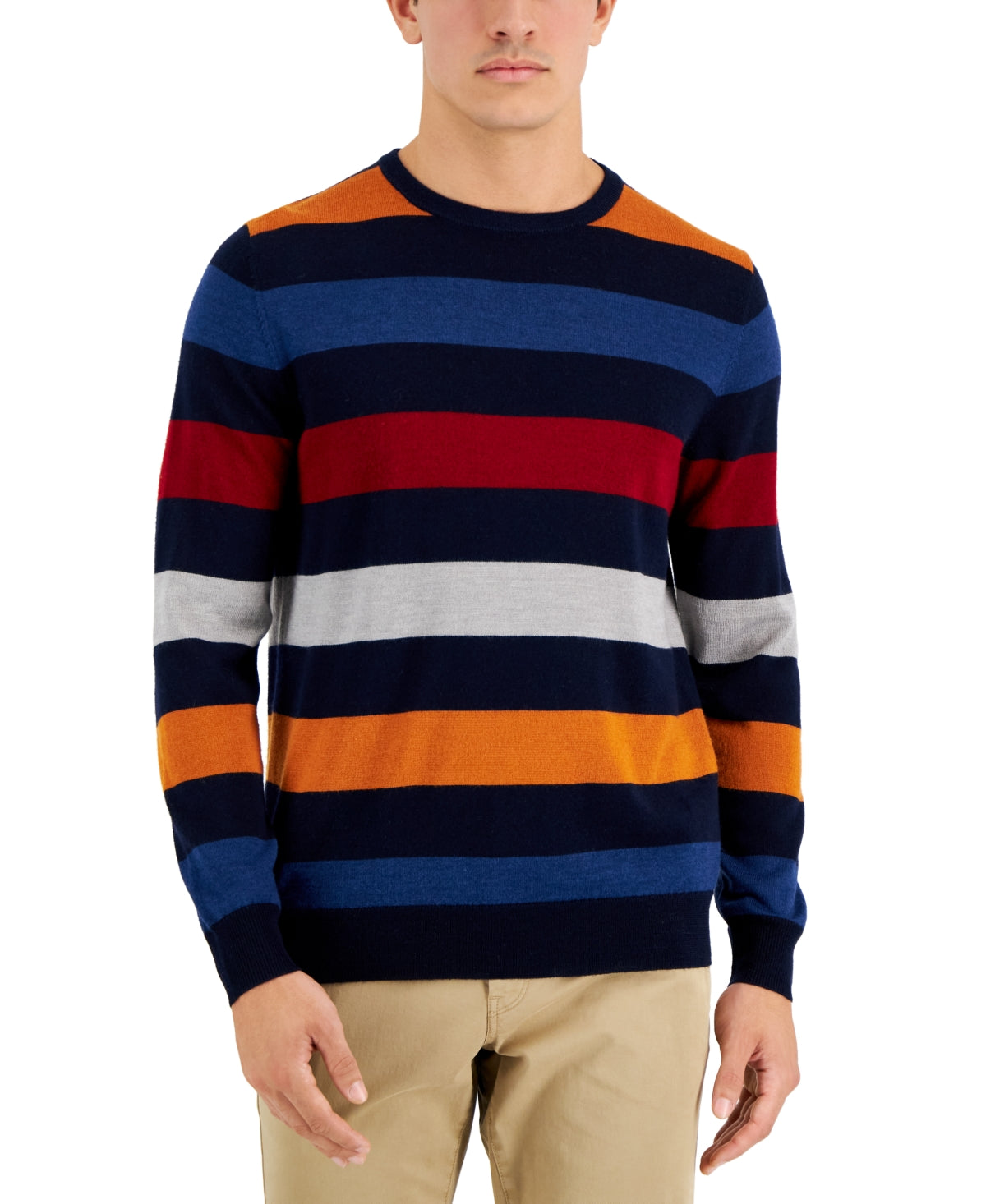 Club Room Men's Merino Stripe Sweater  Navy Blue Size Large