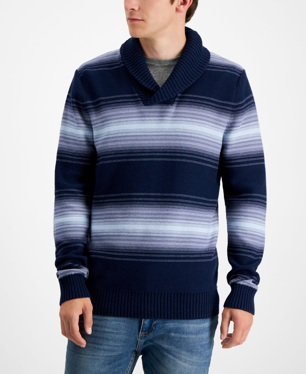 Mens Shawl Collar Stripe Pullover Sweater Sun + Stone Navy Med