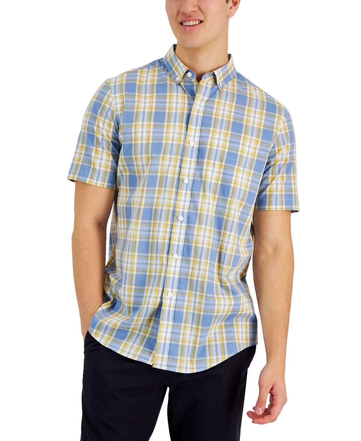 Club Room Mens Matteo Plaid Short Sleeve Buttondown Shirt Blue Small
