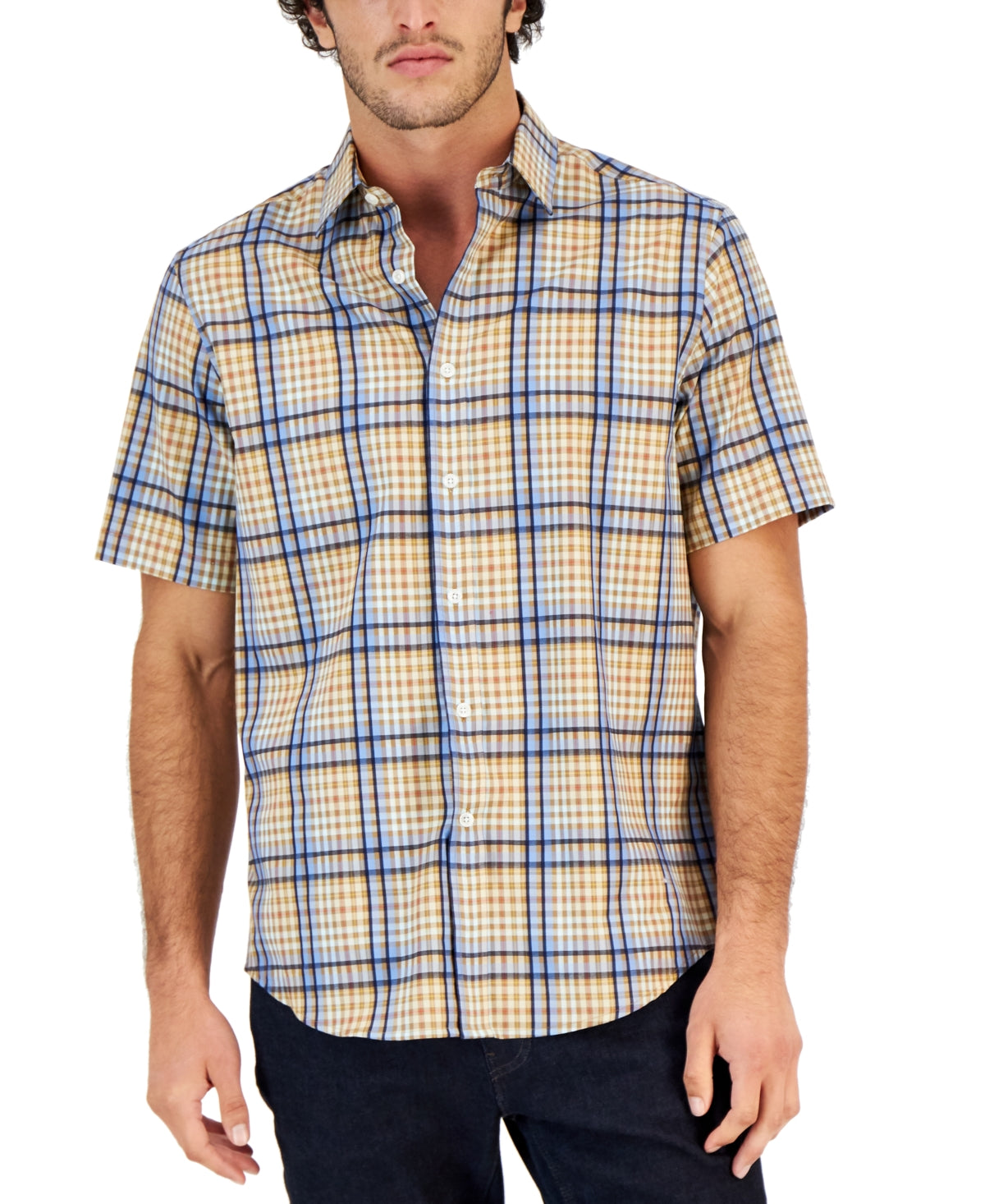 Club Room Men's Refined Plaid Short Sleeve Button Down Shirt Blue Lupine Small