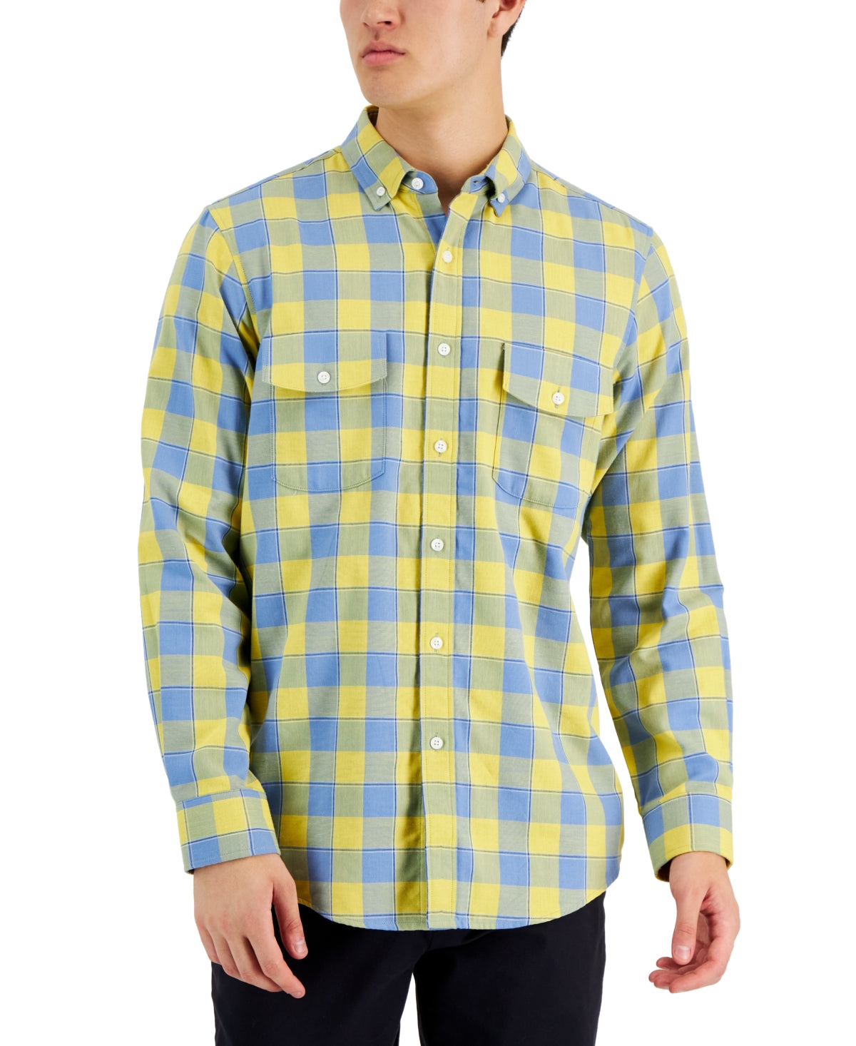 Club Room Men's Tac Plaid Double Faced Long-Sleeve Shirt Yellow Gold MEDIUM