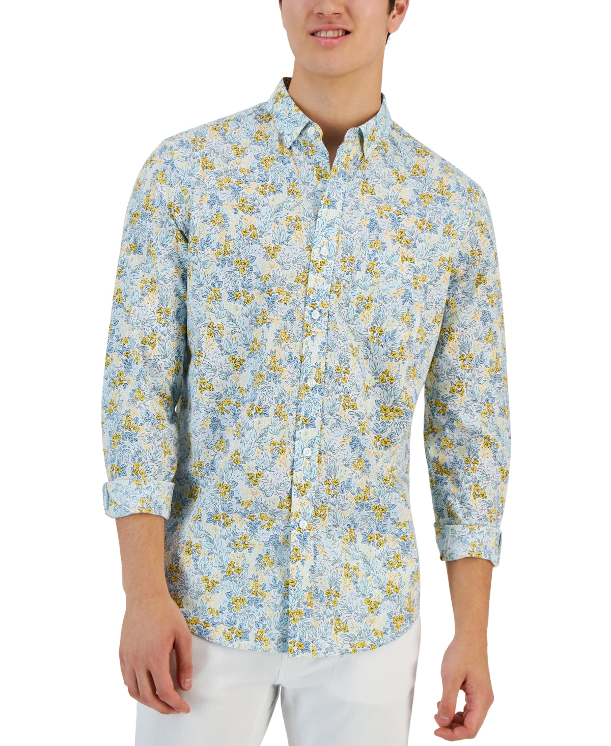 Men's Club Room Sasha Field Floral Print Shirt  Bright White Combo Blue 2XL XXL