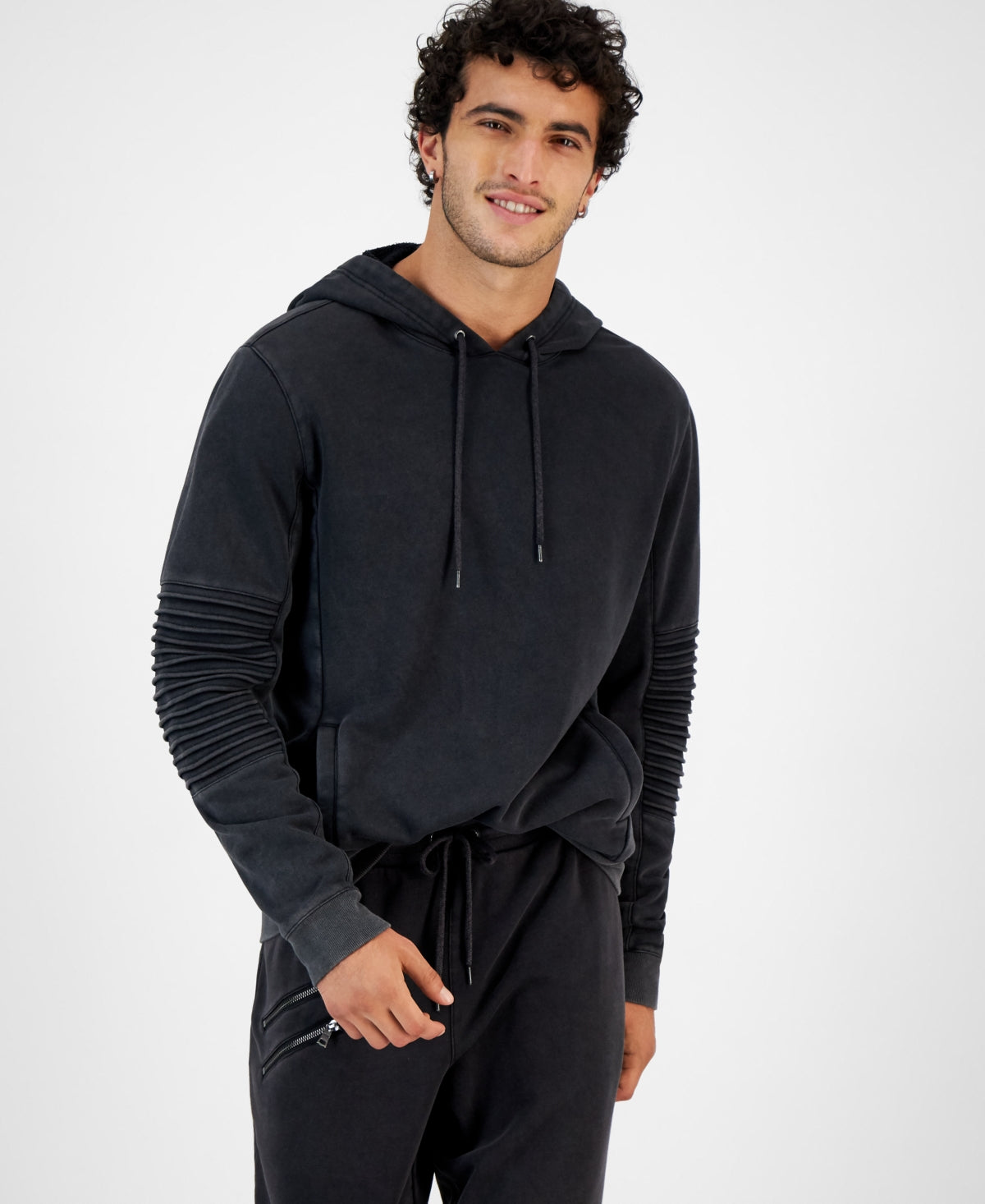 INC International Concepts Mens Regular-Fit Moto Hoodie Sweatshirt  Black Small