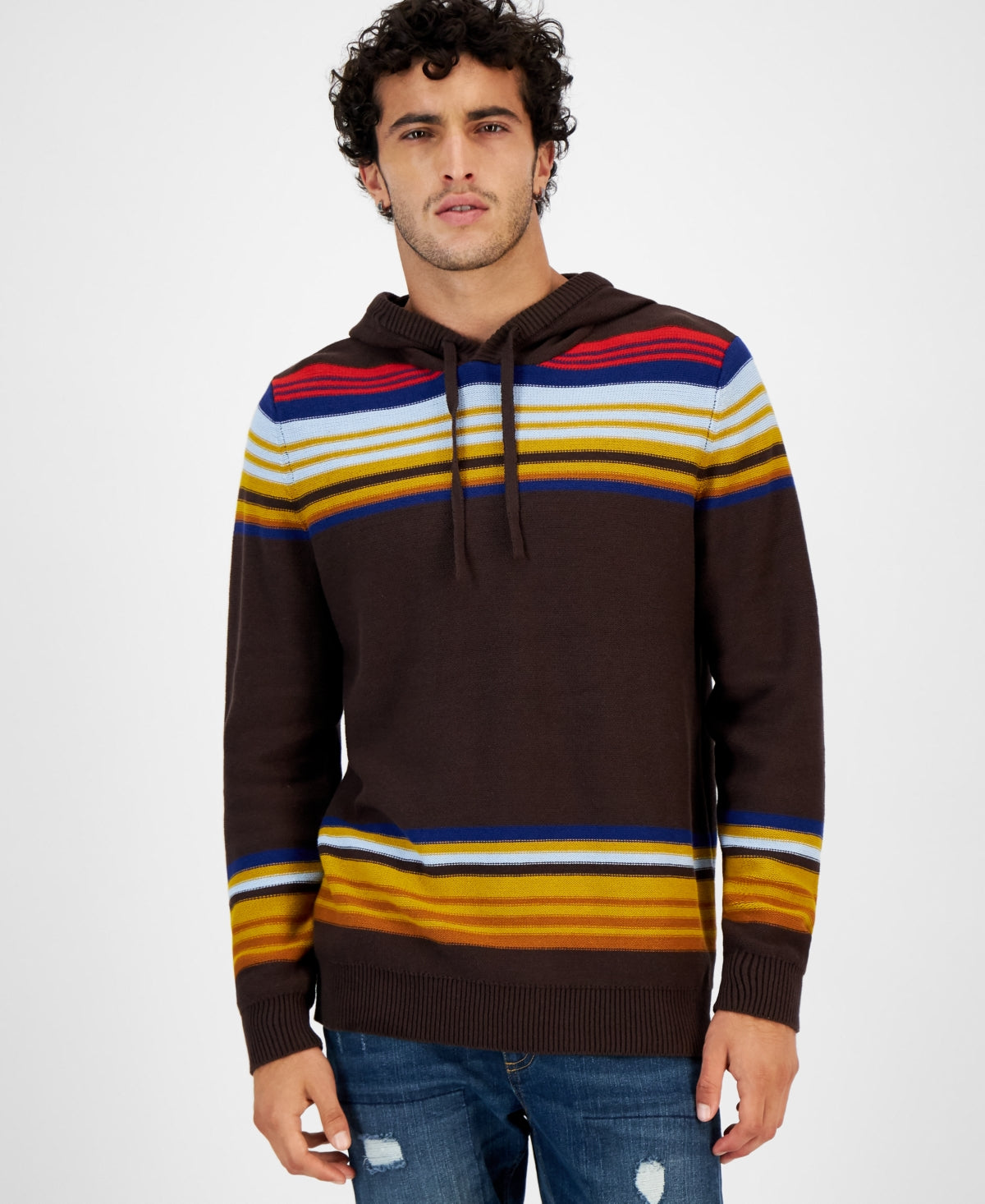 Sun + Stone Mens Cotton Stripe Hooded Sweater Medium Dark Brown