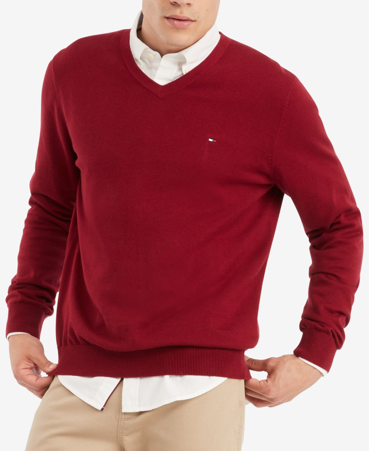 Tommy Hilfiger Mens Signature V-Neck Sweater Rouge XL