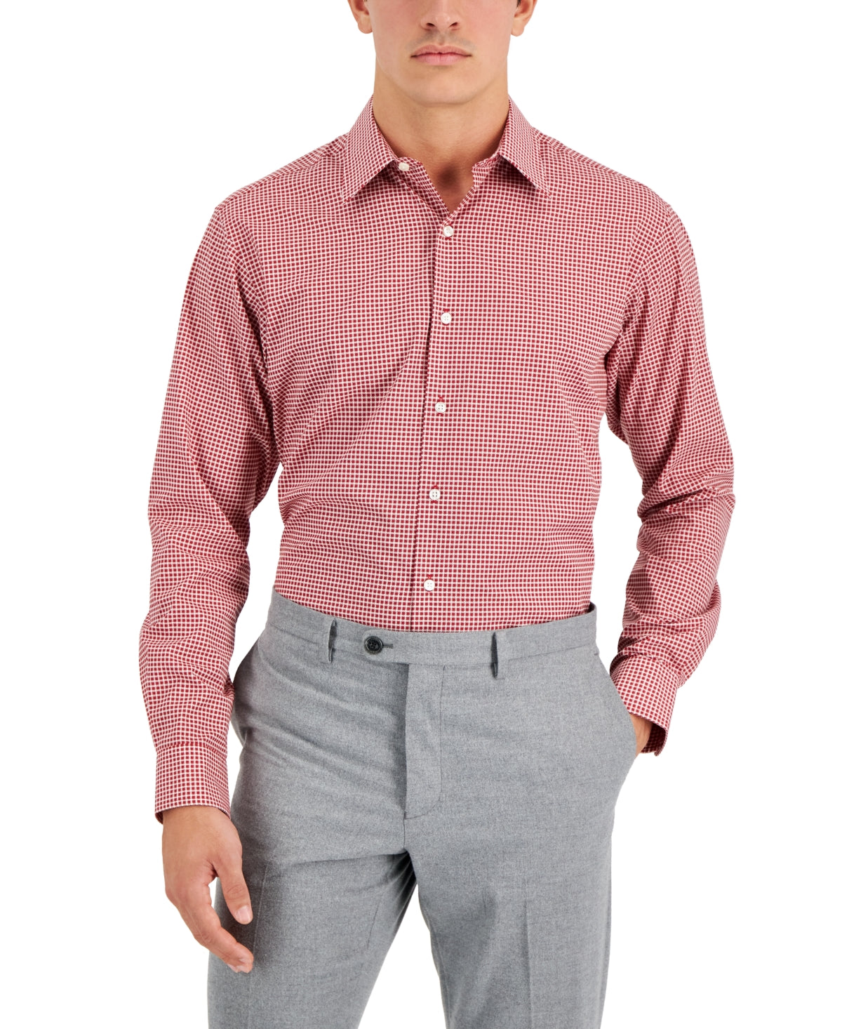 Club Room Men's Regular Fit Check Button Down Dress Shirt Red White 16 16.5
