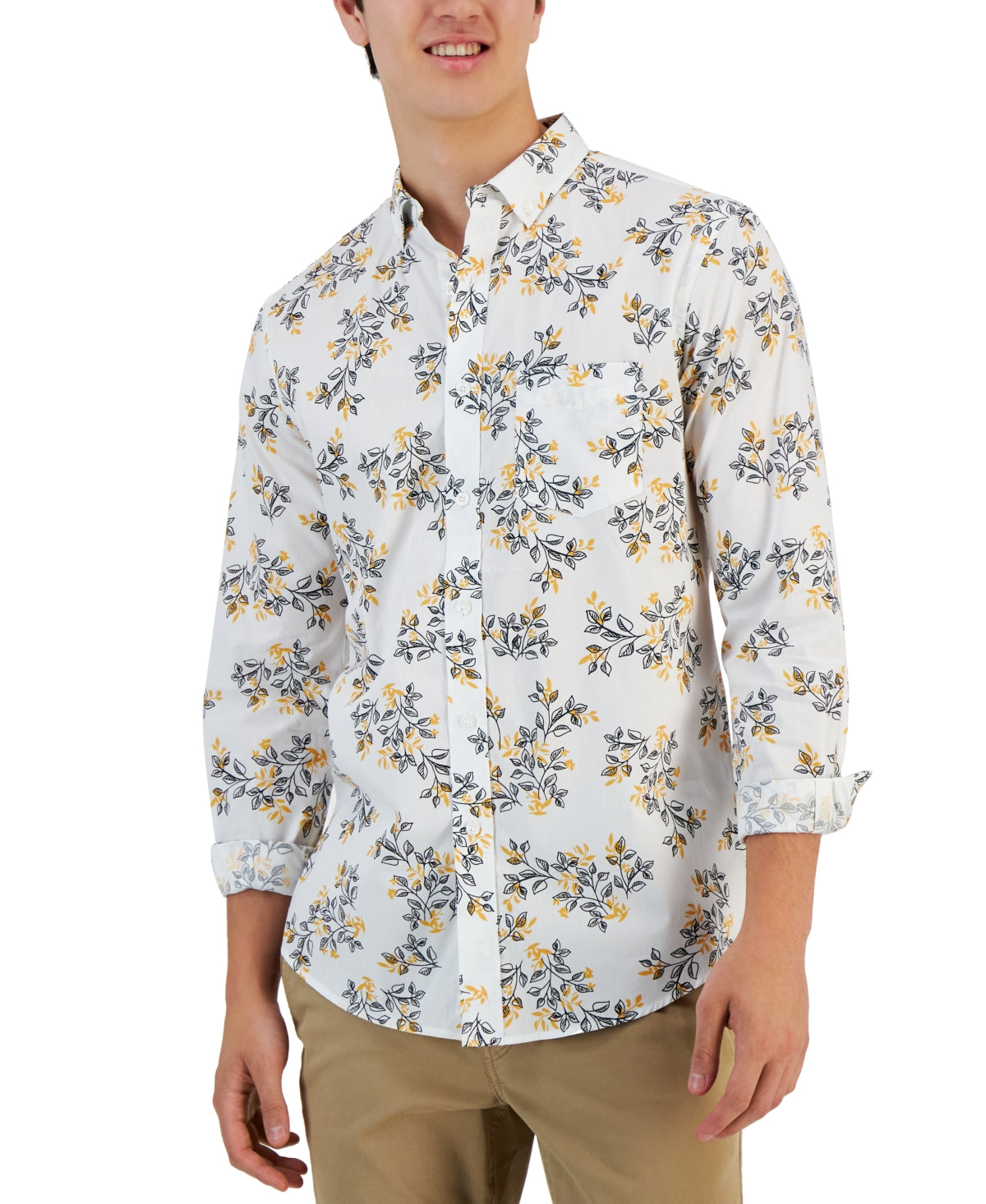 Club Room Mens Ditzy Trip Poplin Long sleeve Button down Shirt White XL