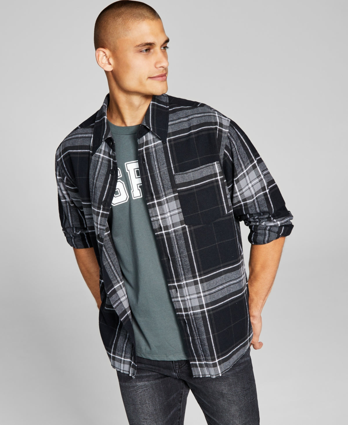 And Now This Men's Flannel Plaid Button down Shirt Black Medium