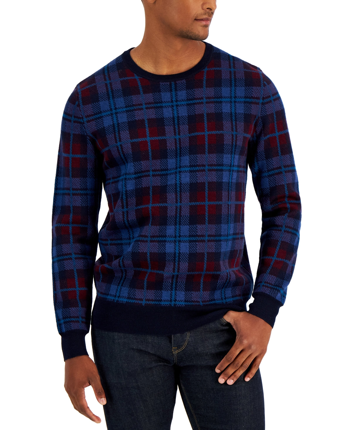 Club Room Men's Merino Plaid Sweater  Blue Heather  Navy Xl