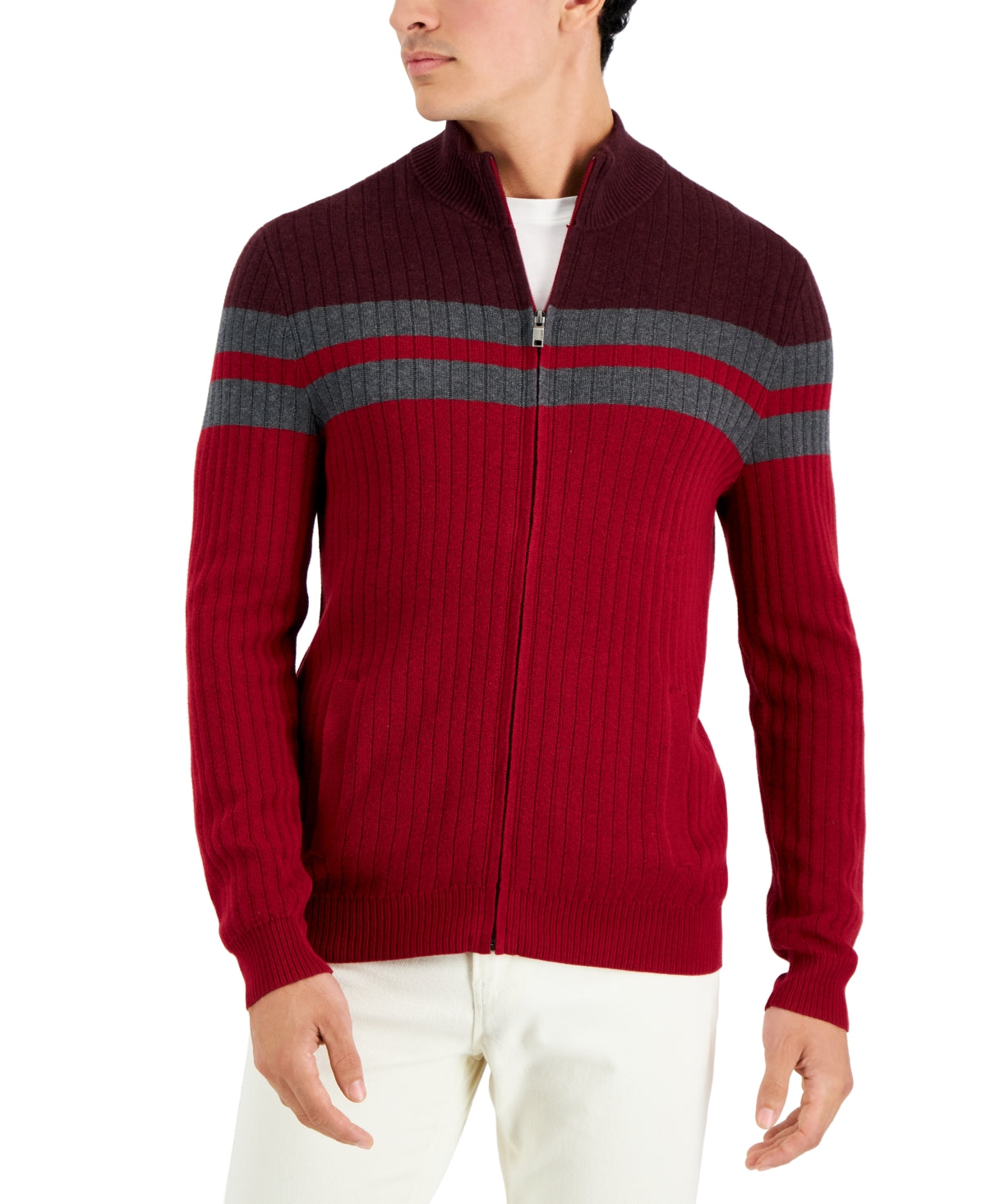 Alfani Mens Colorblock Zip Sweater Red Small