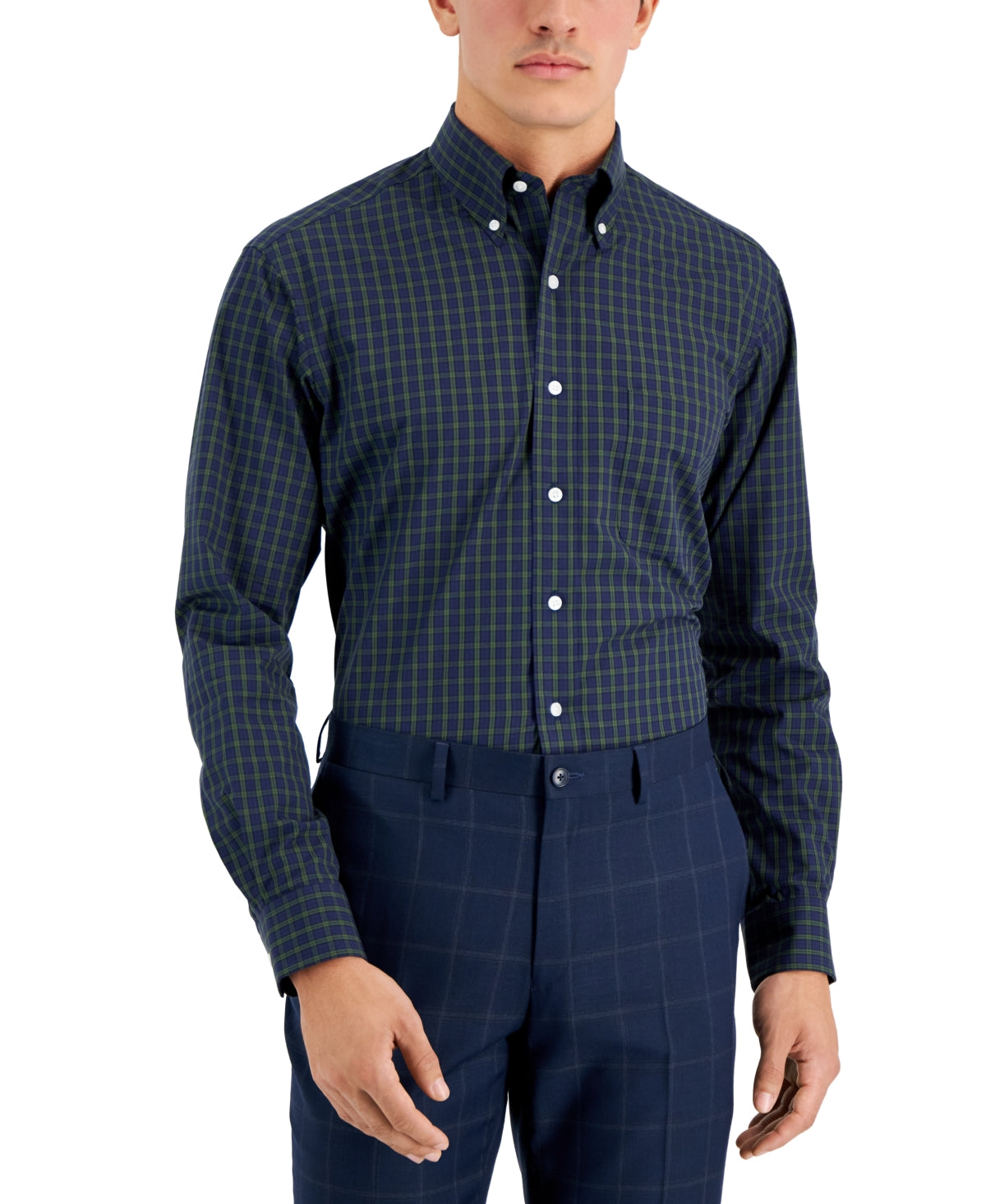 Club Room Mens Blackwatch Check Button Down Dress Shirt Navy Green 16.5 32 33