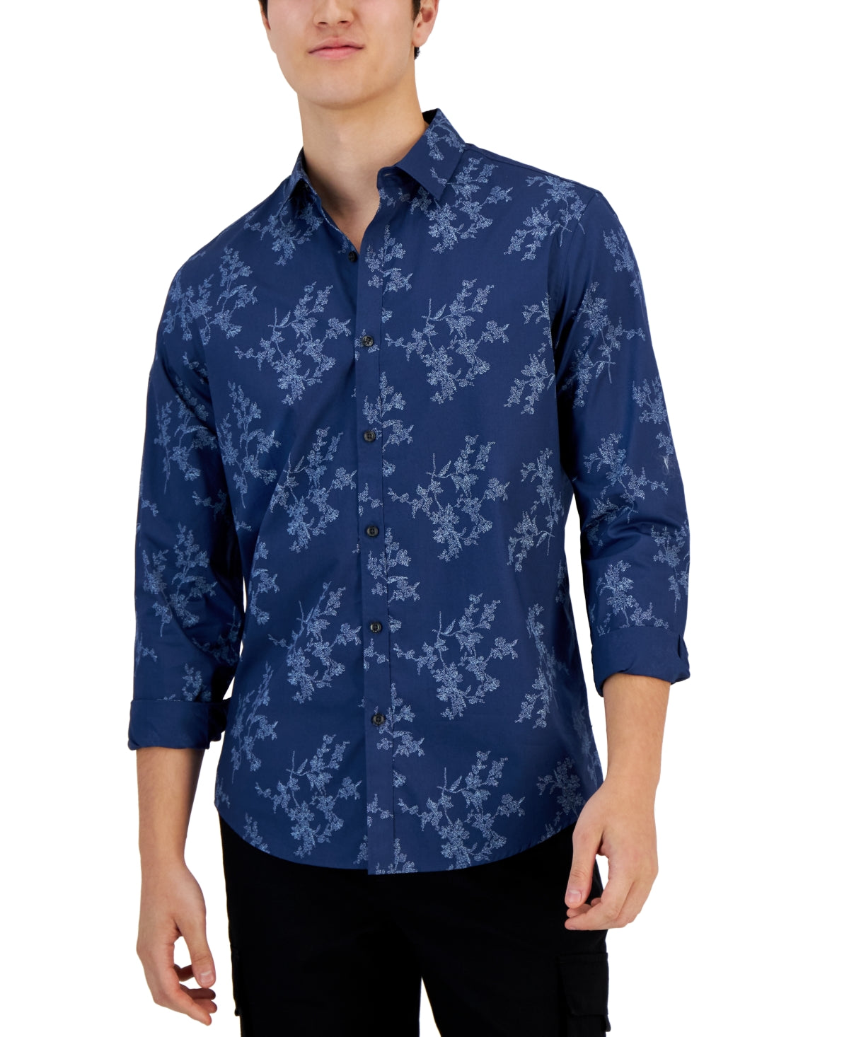 Alfani Mens Dotted Floral Print Button Down Polished Nude Blue Medium