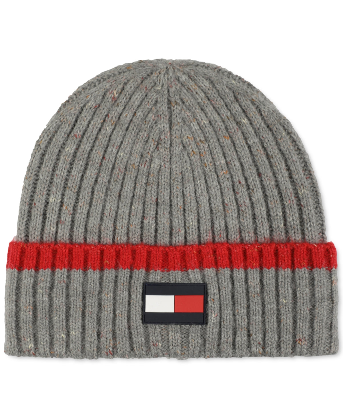 Tommy Hilfiger Mens Rubber Flag Patch Tipped Cuff Beanie Hat Heather Grey