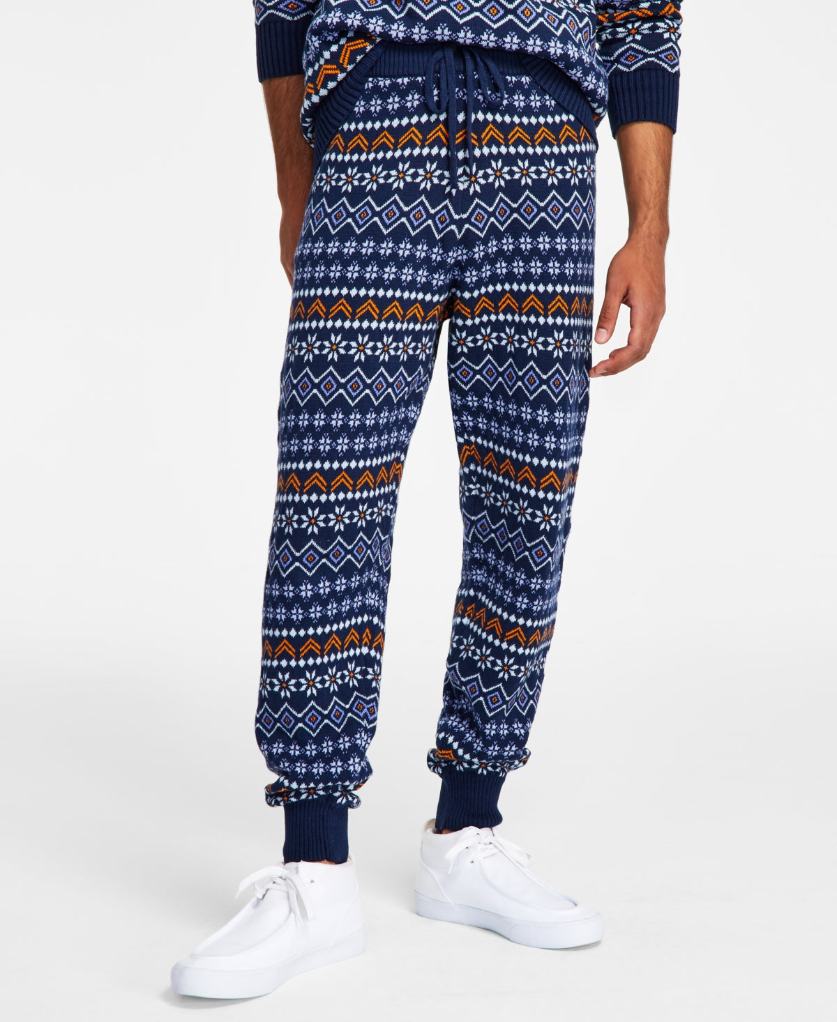 Sun + Stone Men's Fair Isle Knit Jogger Pants Navy Blue  Large