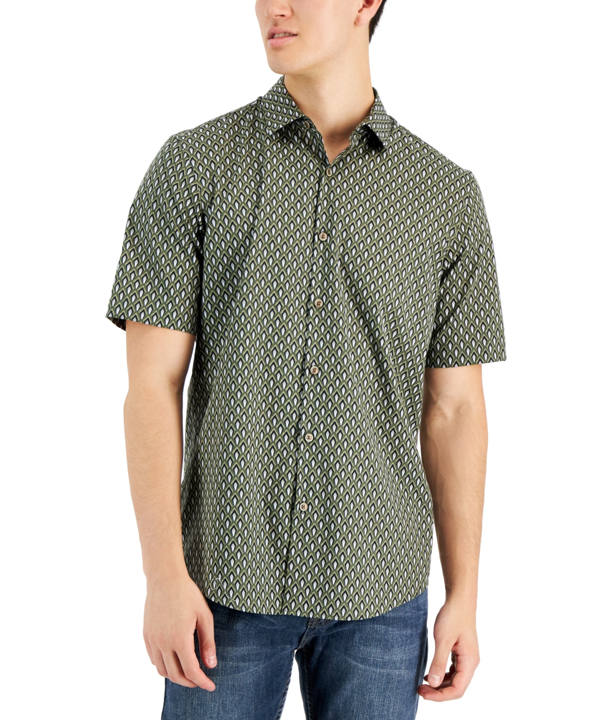 Alfani Men's Llama Geo Print Short-Sleeve Button DownShirt Green XL