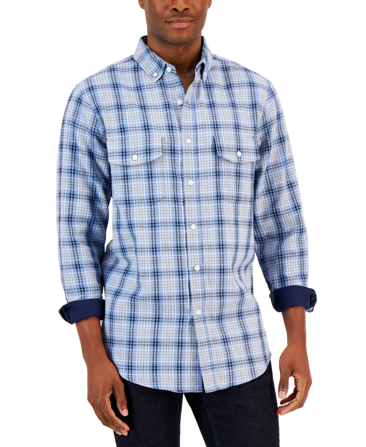 Club Room Men's Baynk Plaid Double Faced Woven Shirt Xl Navy
