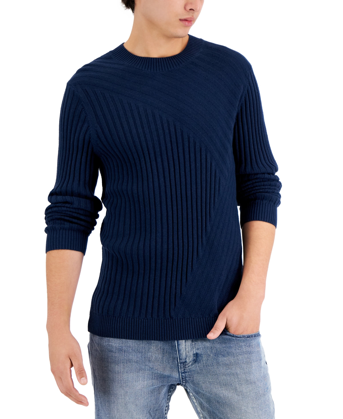 INC International Concepts Men's Cotton Ribbed Crewneck Sweater Dark Blue Xxl