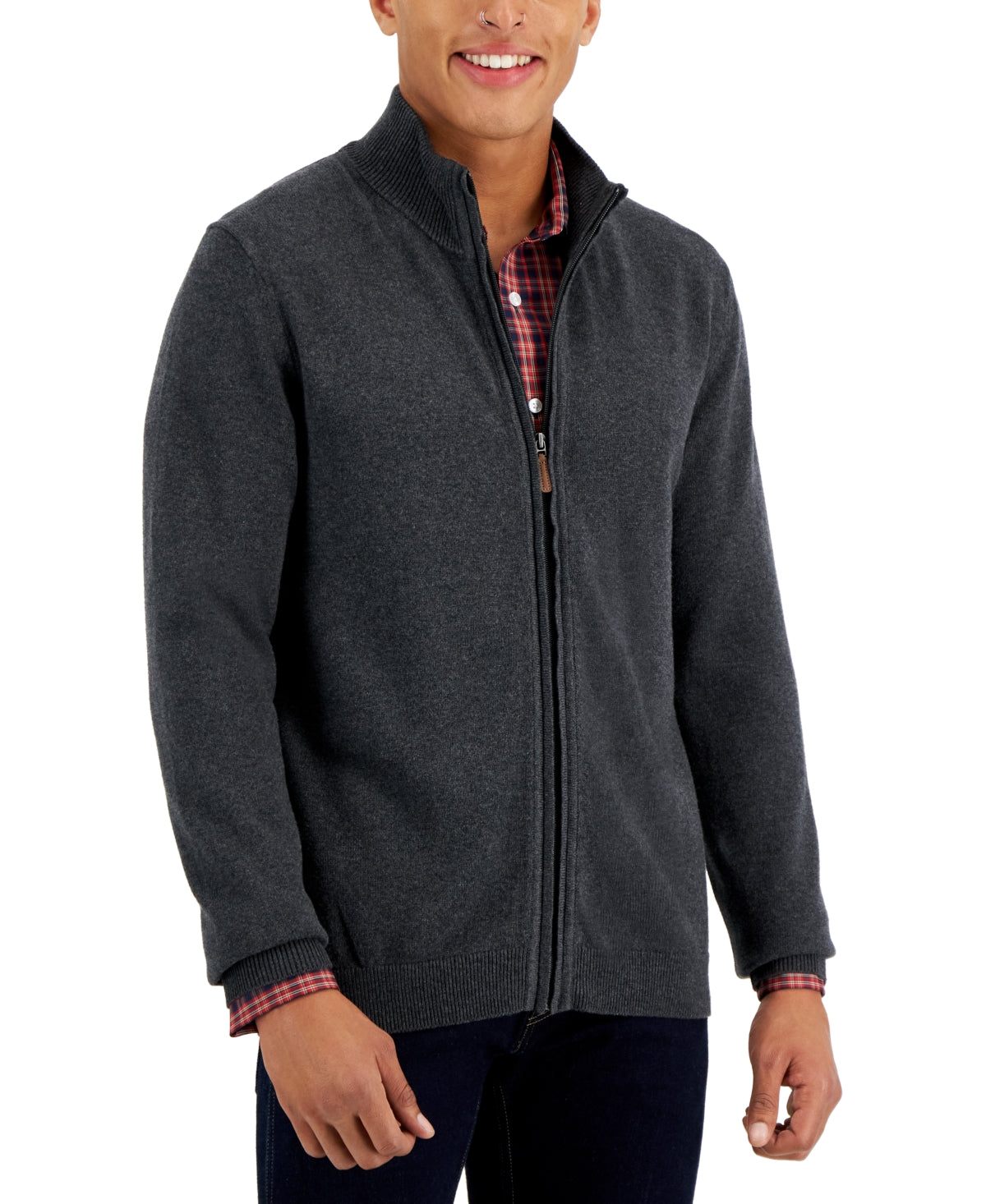 Club Room Men's Charcoal Heather Full-Zip Sweater Grey Large