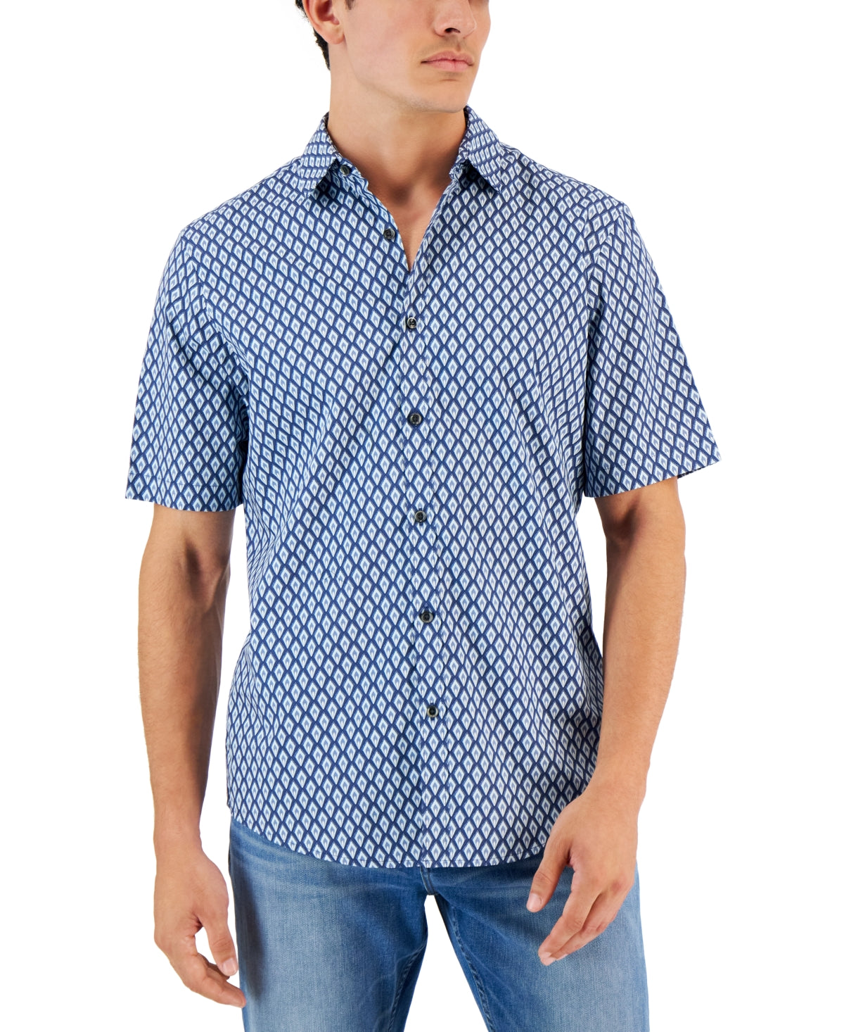 Alfani Men's Llama Geo Print Short Sleeve Button Down Shirt Blue 2XL