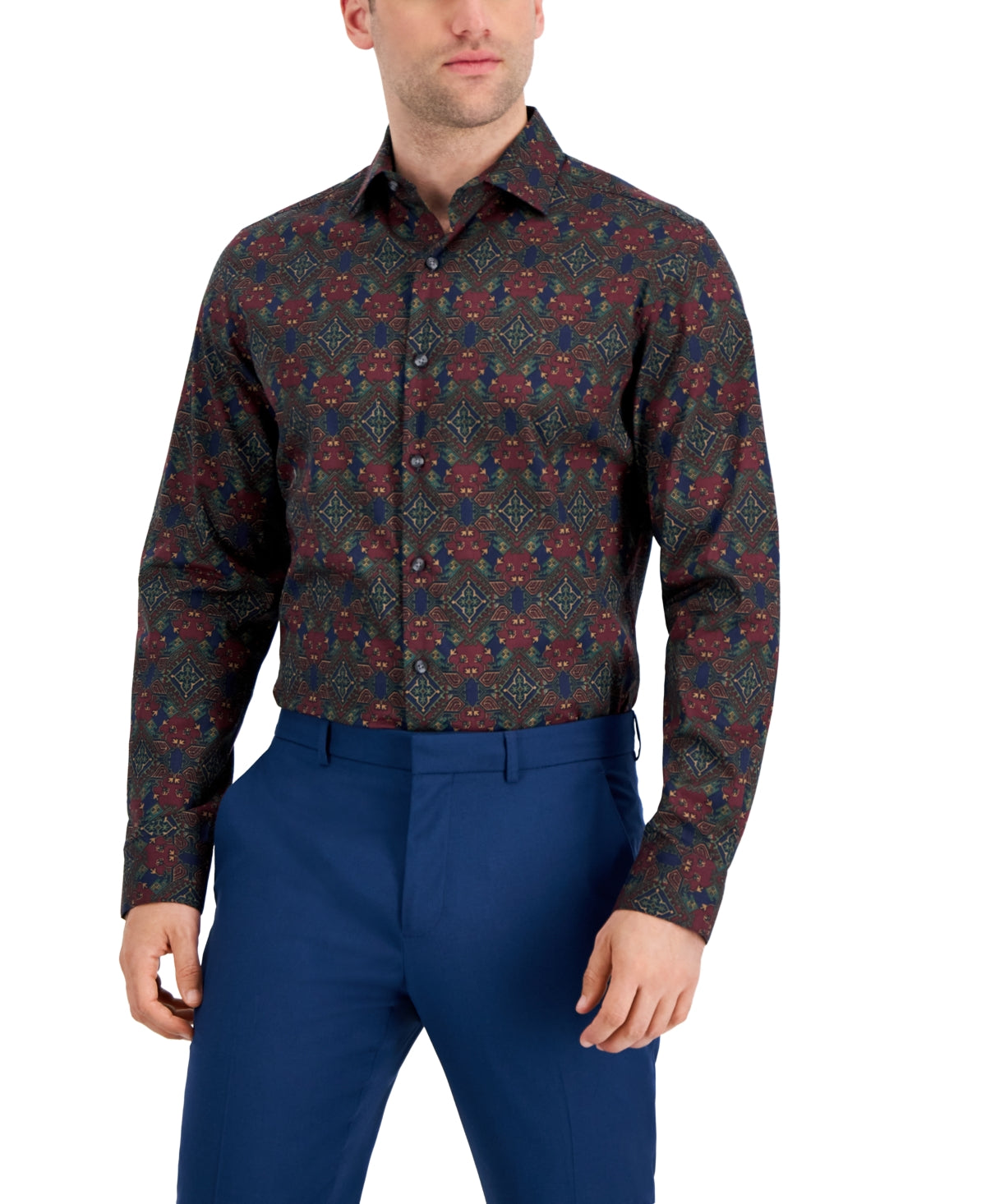 Bar Iii Men's Slim Fit Performance Stretch Geo Print Dress Shirt Red Blue Medium