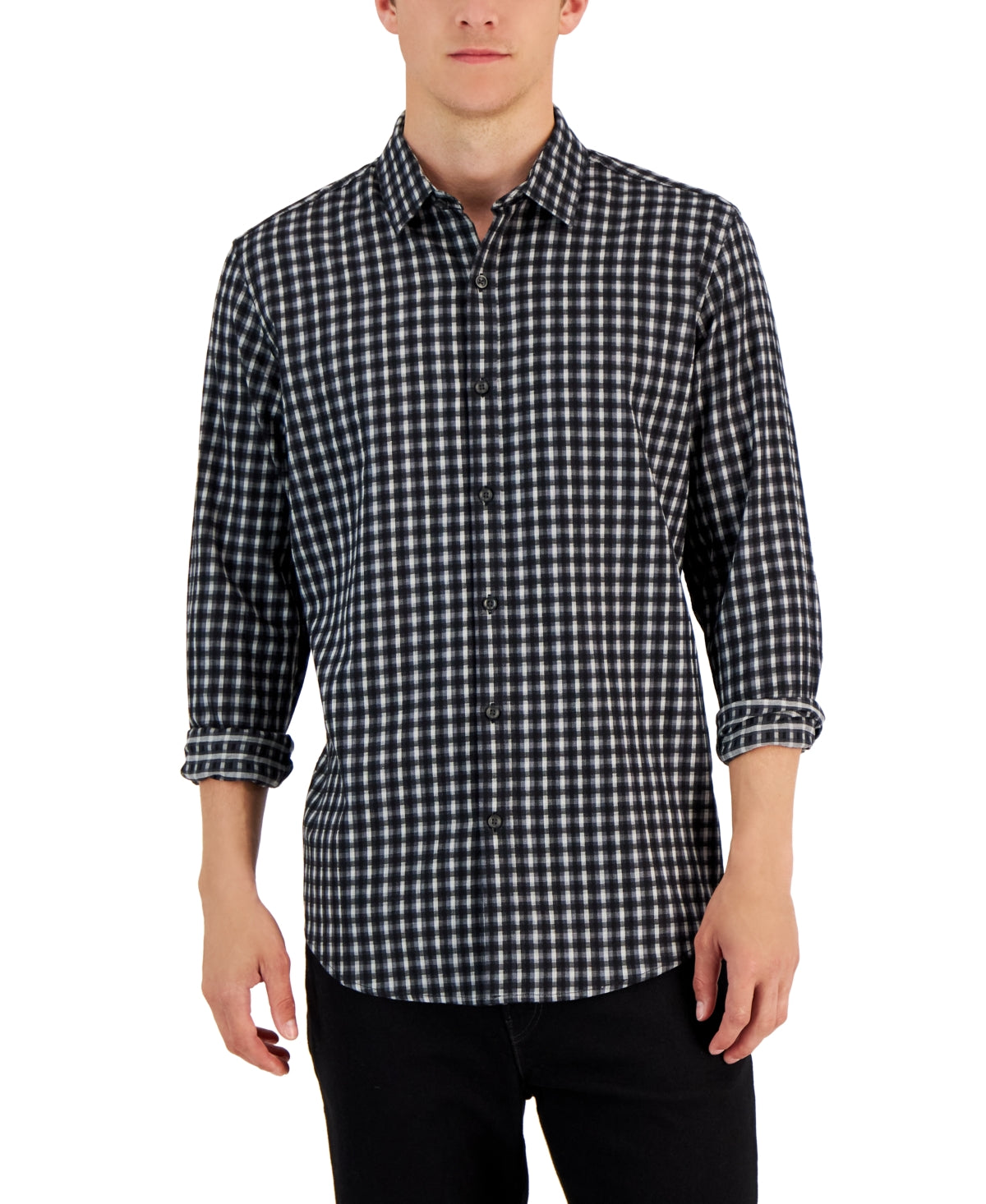Alfani Mens Check Print Button Down Shirt Black Combo Large