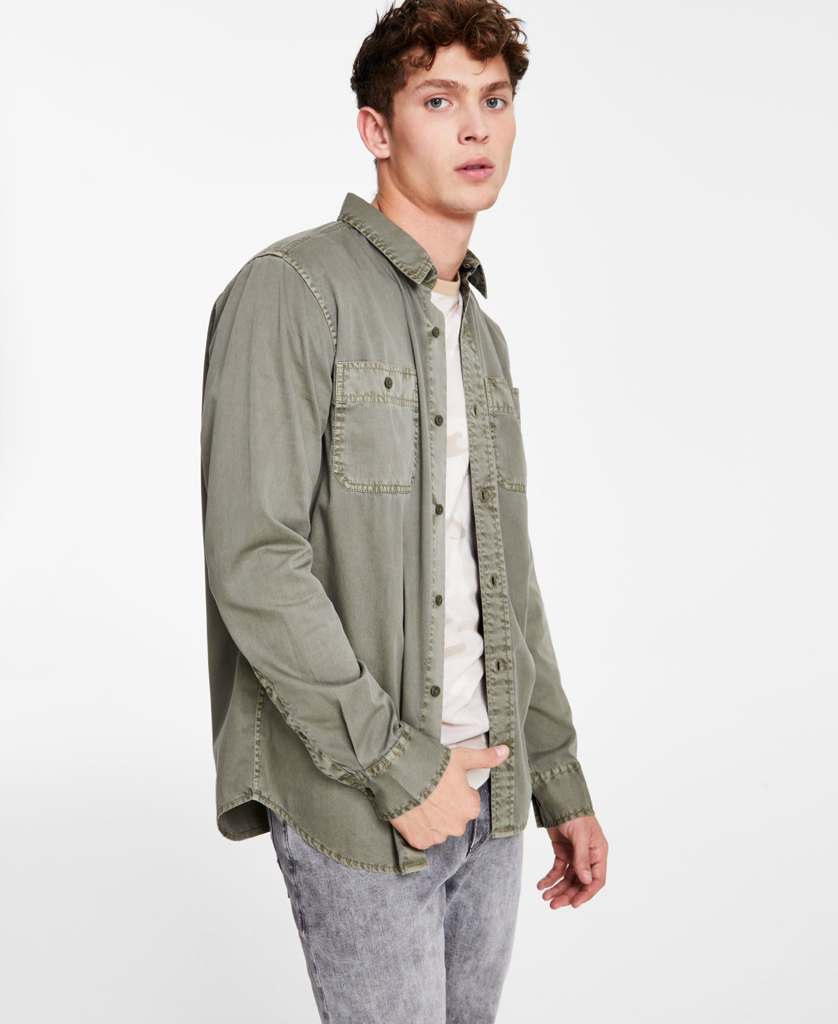 Sun + Stone Men's Long Sleeve Twill Shirt  Medium Green Xl