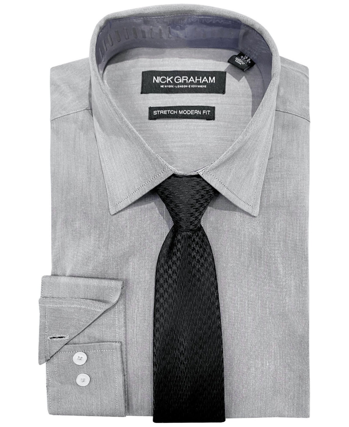 Nick Graham Men's Modern Fit Stretch Chambray Dress Shirt Tie Set Grey 16