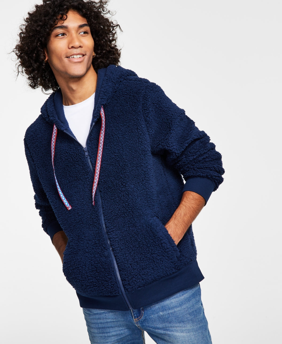 Sun + Stone Men's Regular fit Full zip Sherpa Hoodie Sweatshirt Navy Blue Medium