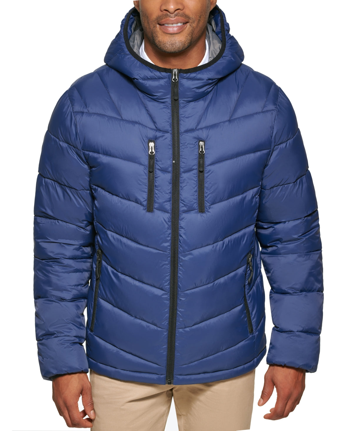 Club Room Men's Chevron Quilted Hooded Puffer Jacket Medium Navy