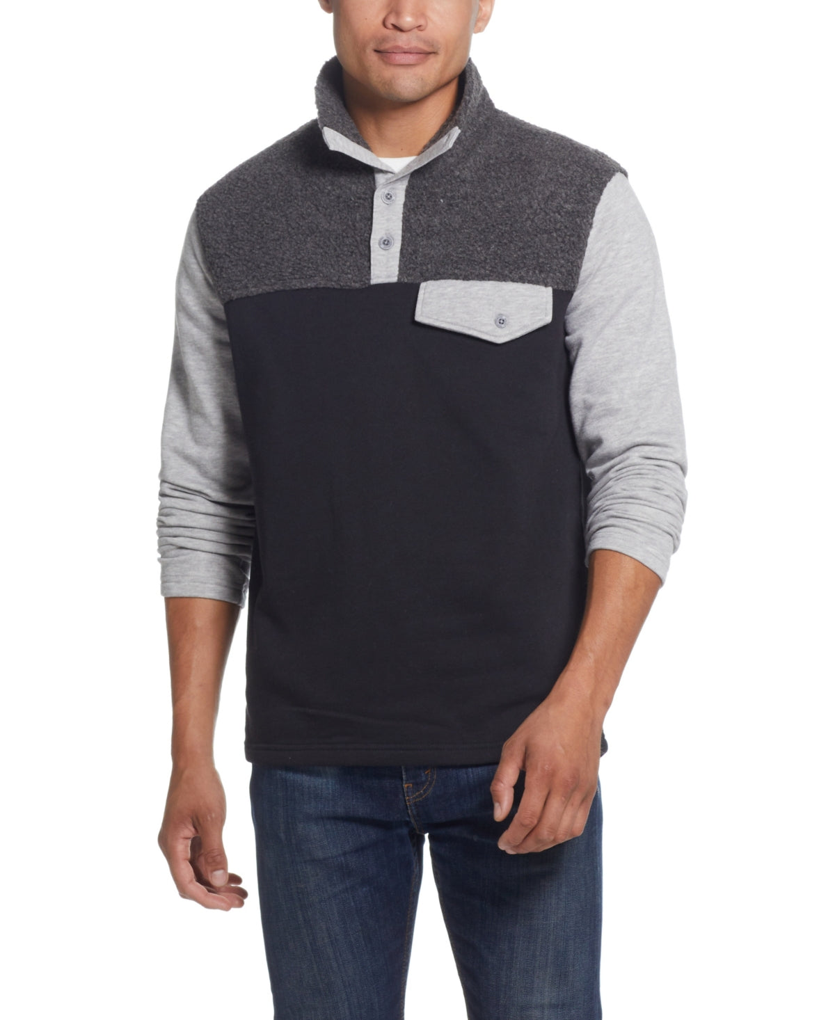 Weatherproof Vintage Men's Knit and Sherpa Mixed Pullover Sweatshirt Grey Large