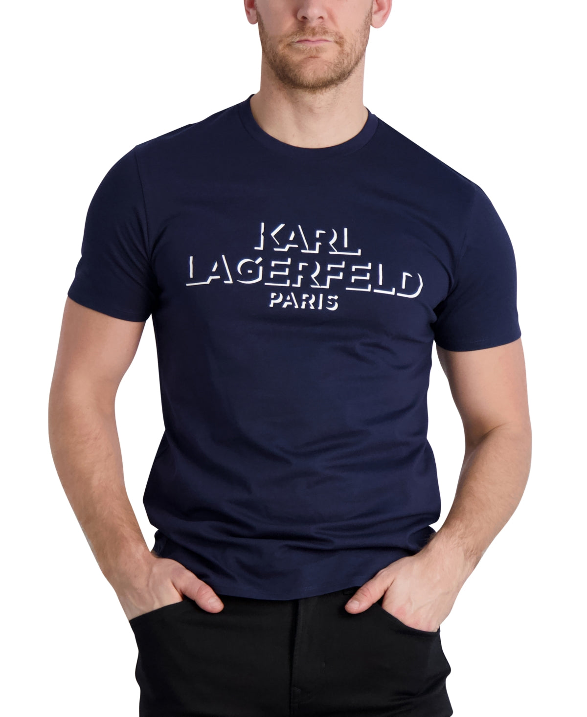 KARL LAGERFELD PARIS Men's Regular-Fit Outlined Logo Graphic T-Shirt Blue XL