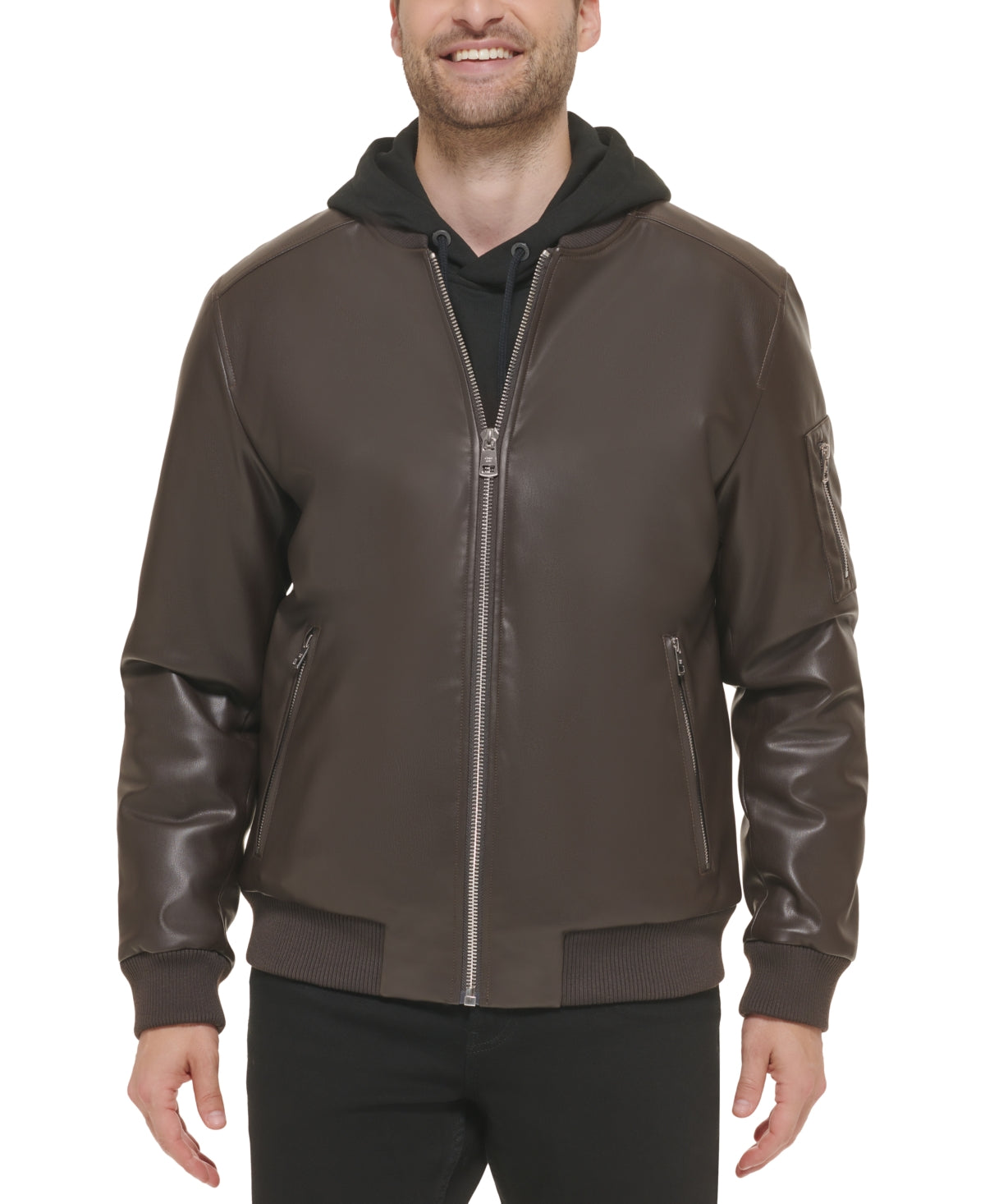 CALVIN KLEIN Men's Faux-Leather Bomber Jacket Large Brown with Rib-Knit Trim