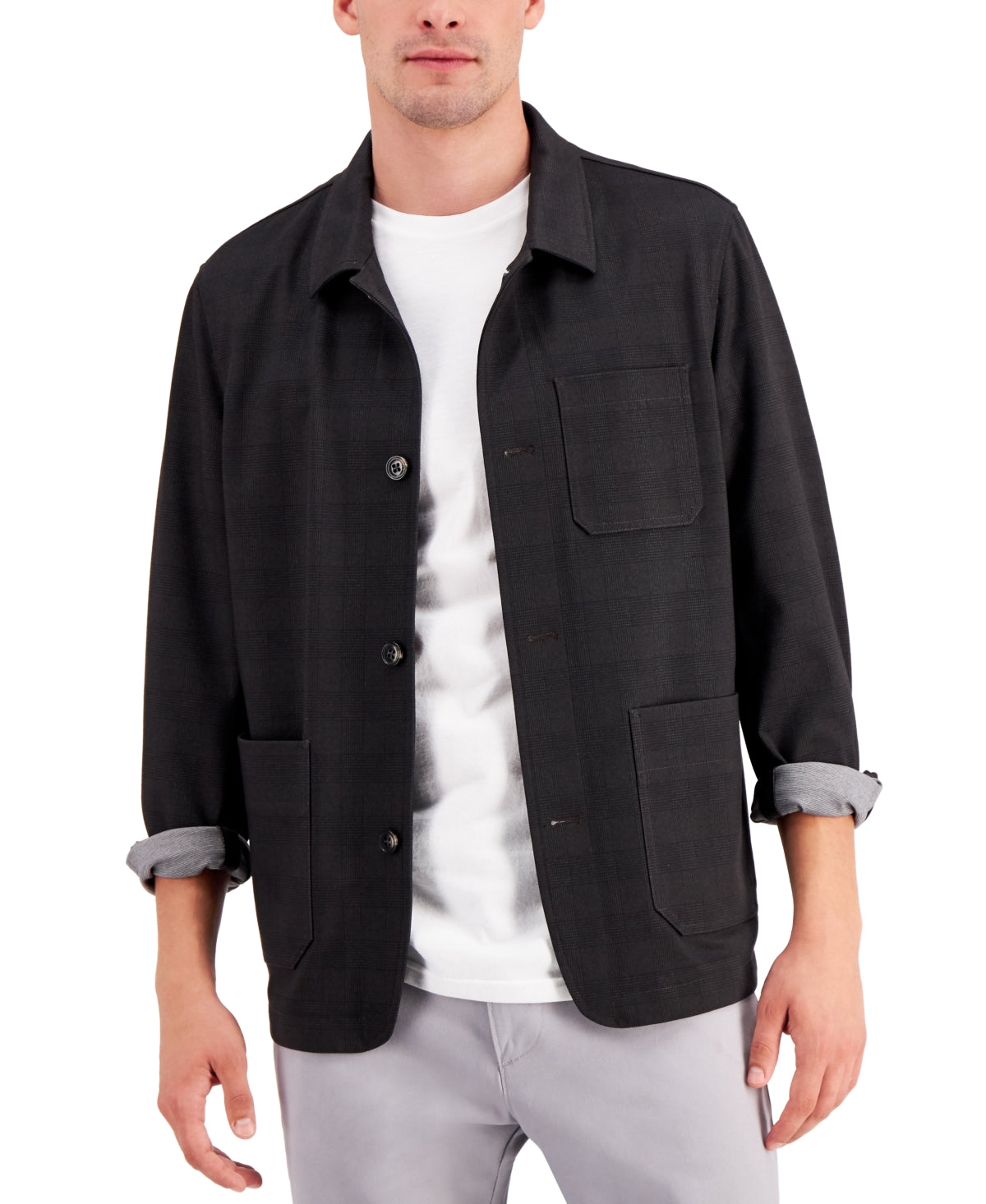 Alfani Men's Regular Fit Plaid Shirt Jacket  Black Plaid Large