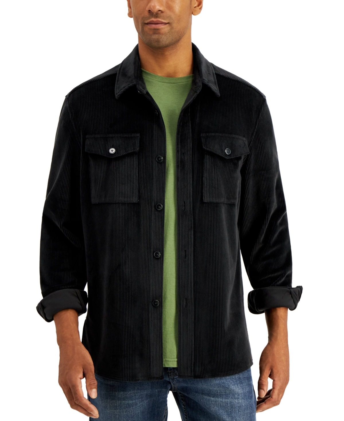 Alfani Mens Regular Fit Corduroy Button Down Shirt Jacket Black Small