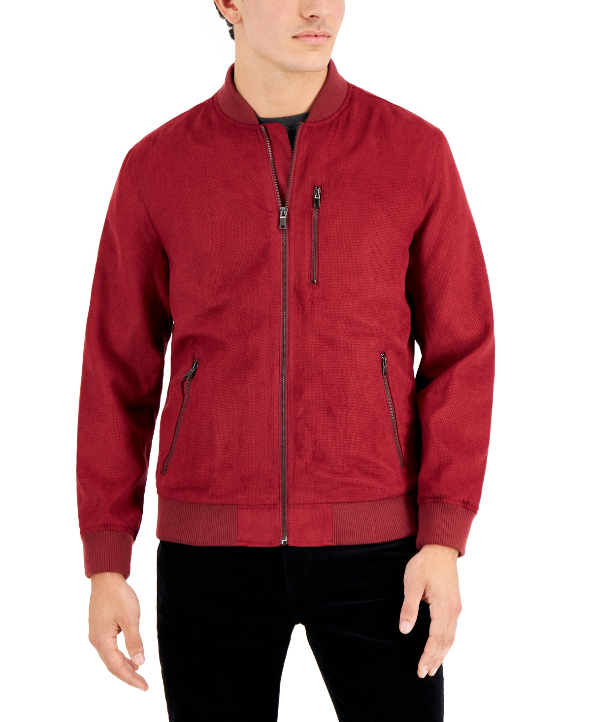 Alfani Mens Perforated Faux Suede Bomber Jacket Coat Red Large