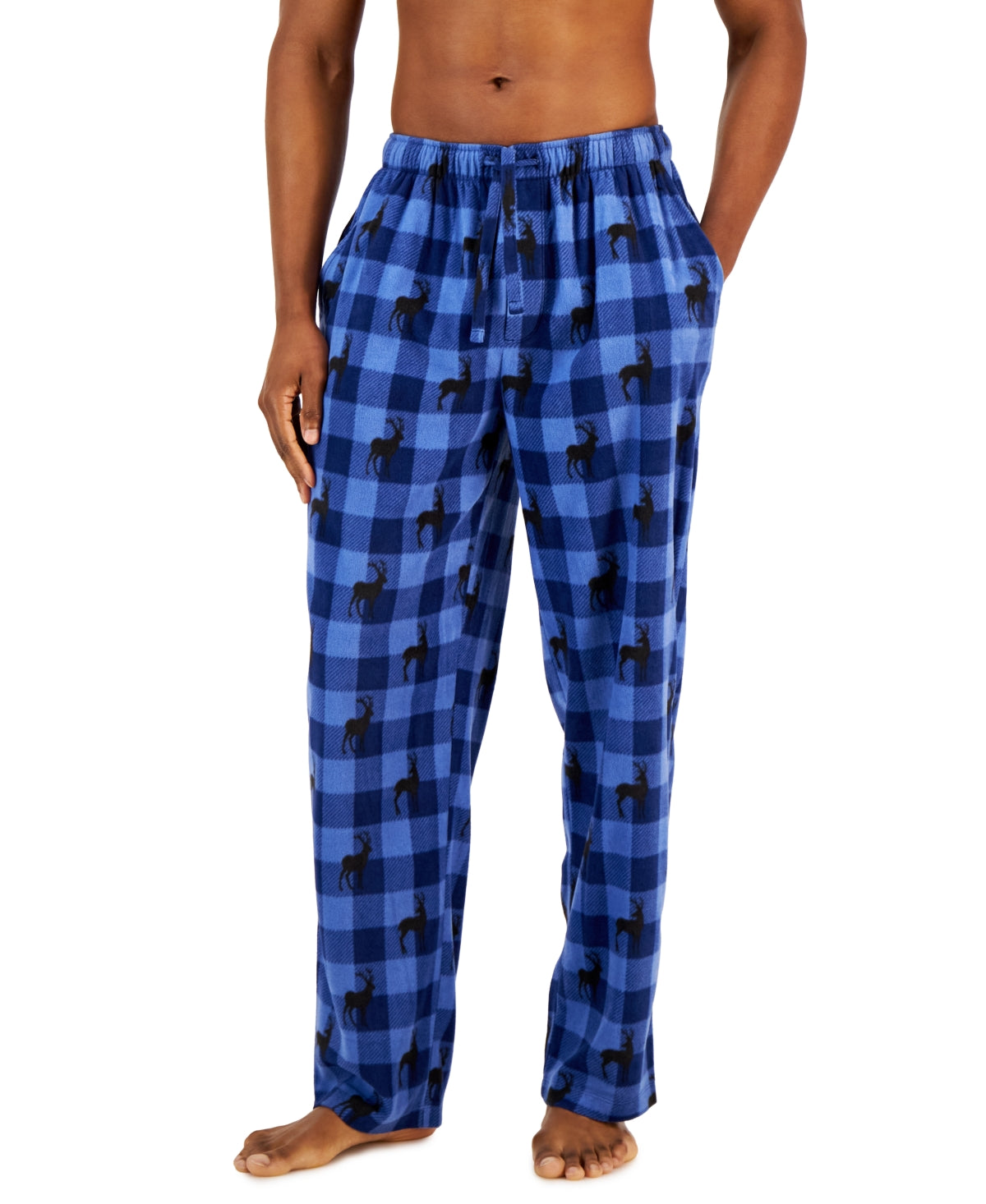 Club Room Men's Deer-Print Buffalo Plaid Fleece Pajama Pants, Dark Blue, Small