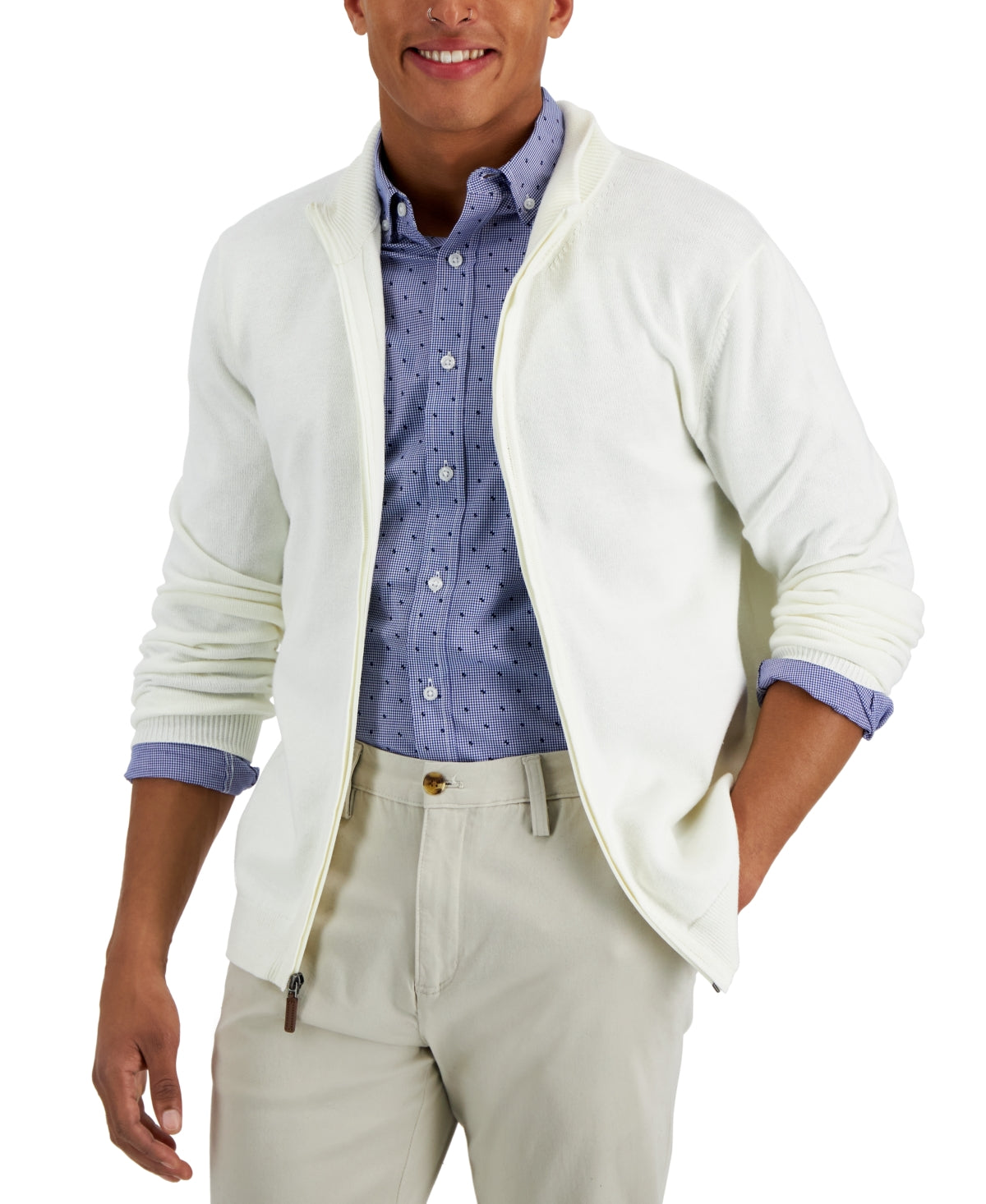 Club Room Men's Full-Zip Winter Ivory White Sweater XXL 2XL Cotton
