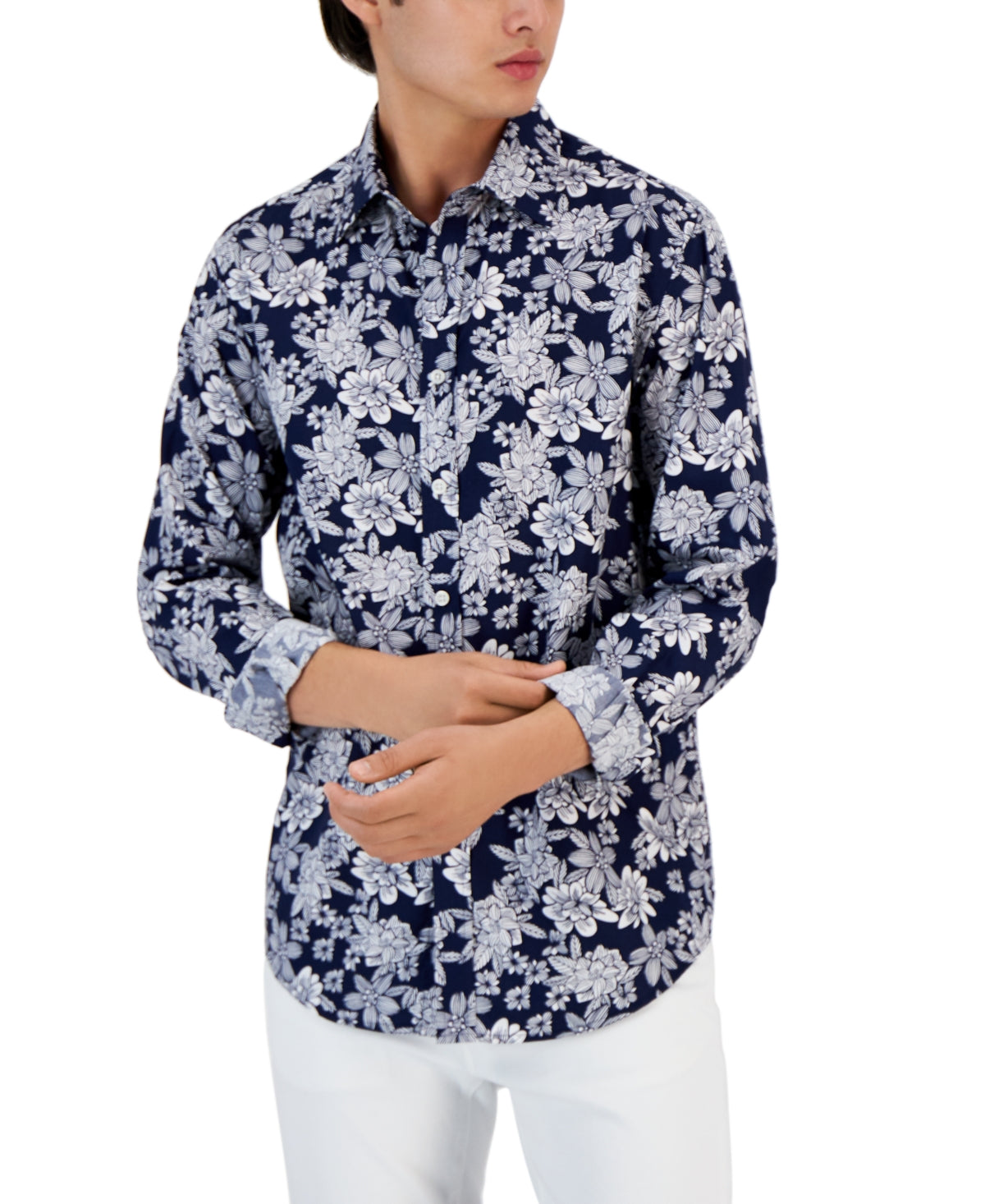 Club Room Zalina Mens Floral Stretch Button down Shirt Navy XL