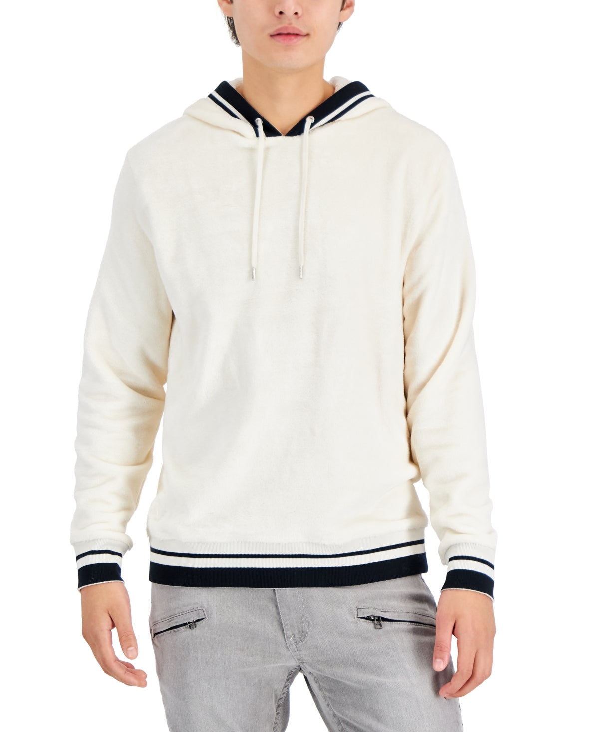 I.n.c. International Concepts Mens Regular-Fit Ribbed Velour Hoodie White Medium