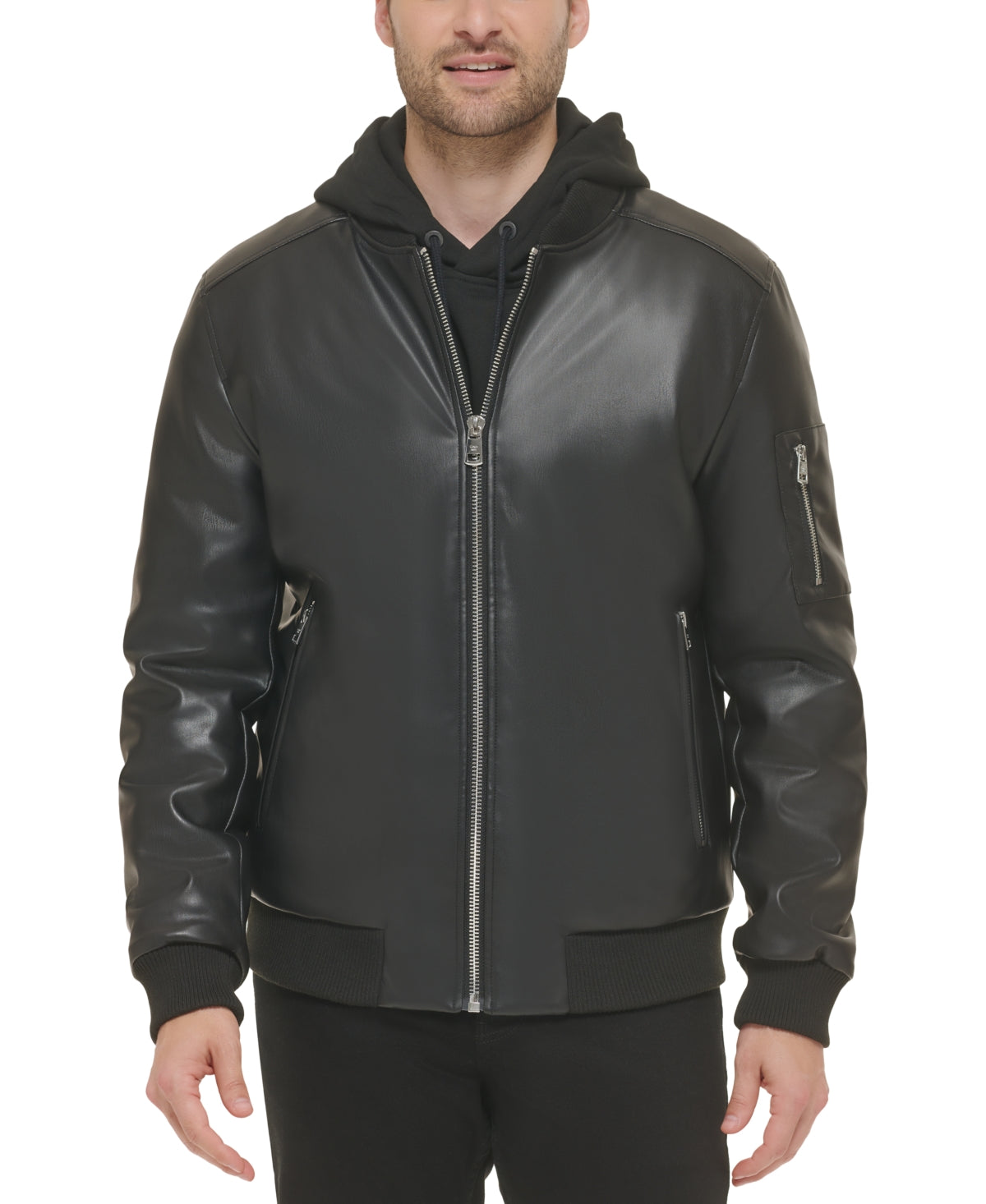 Calvin Klein Mens Faux Leather Bomber Jacket Coat Black Small